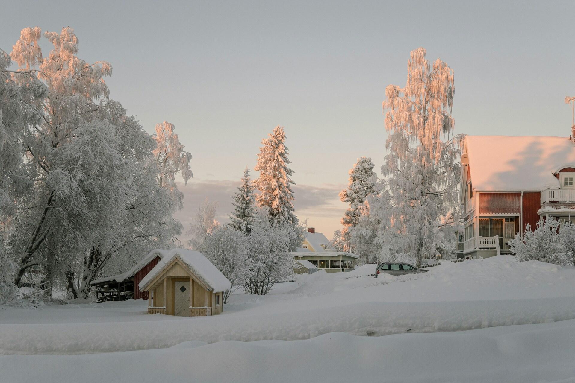 Ett fridfullt vinterlandskap med snötäckta träd, en lekstuga i trä och traditionella hus badade i mjukt morgonljus.