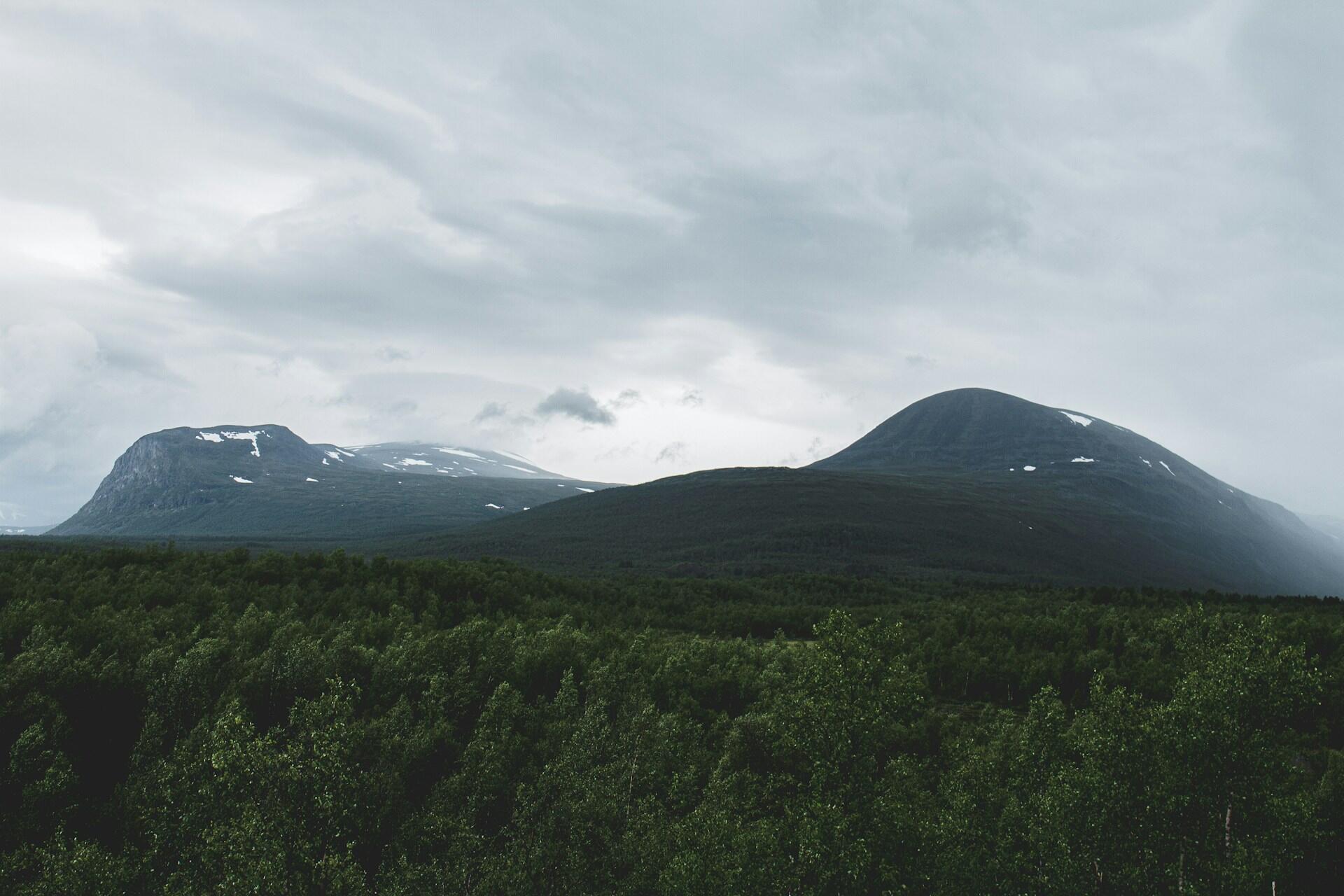 En panoramautsikt över karga berg under ett molnigt himmel, med en tät skog i förgrunden och snöfläckar på topparna.