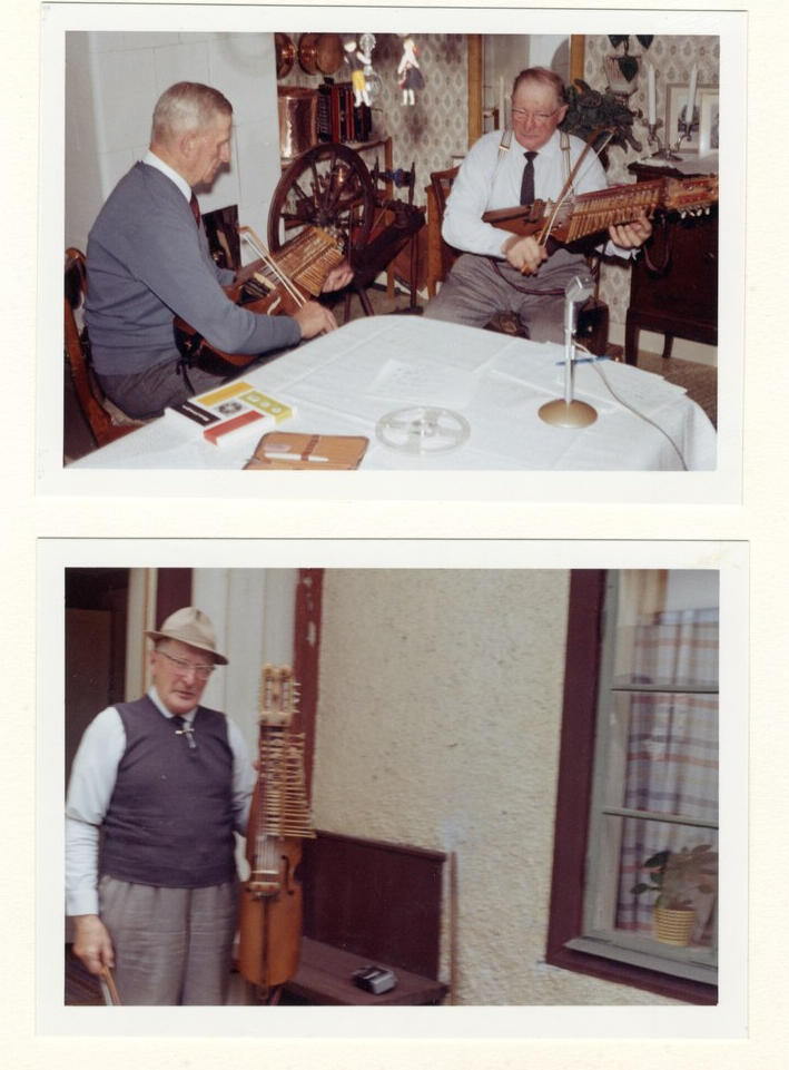 Två vintagefotografier: det ena visar två män som spelar musikinstrument inomhus; det andra visar en man utomhus som håller en nyckelharpa.