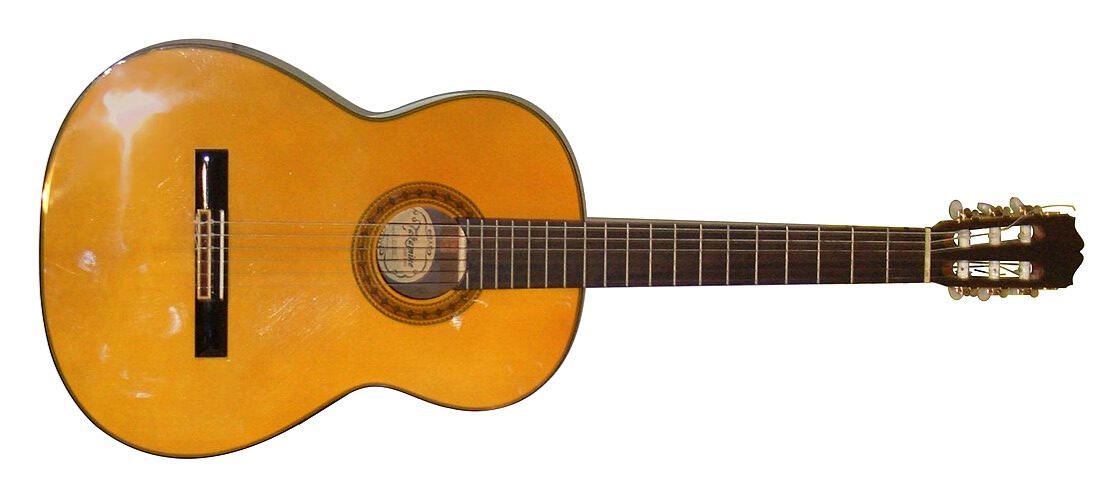 Bilden visar en gitarr fotograferad i en studio med helt vit bakgrund.