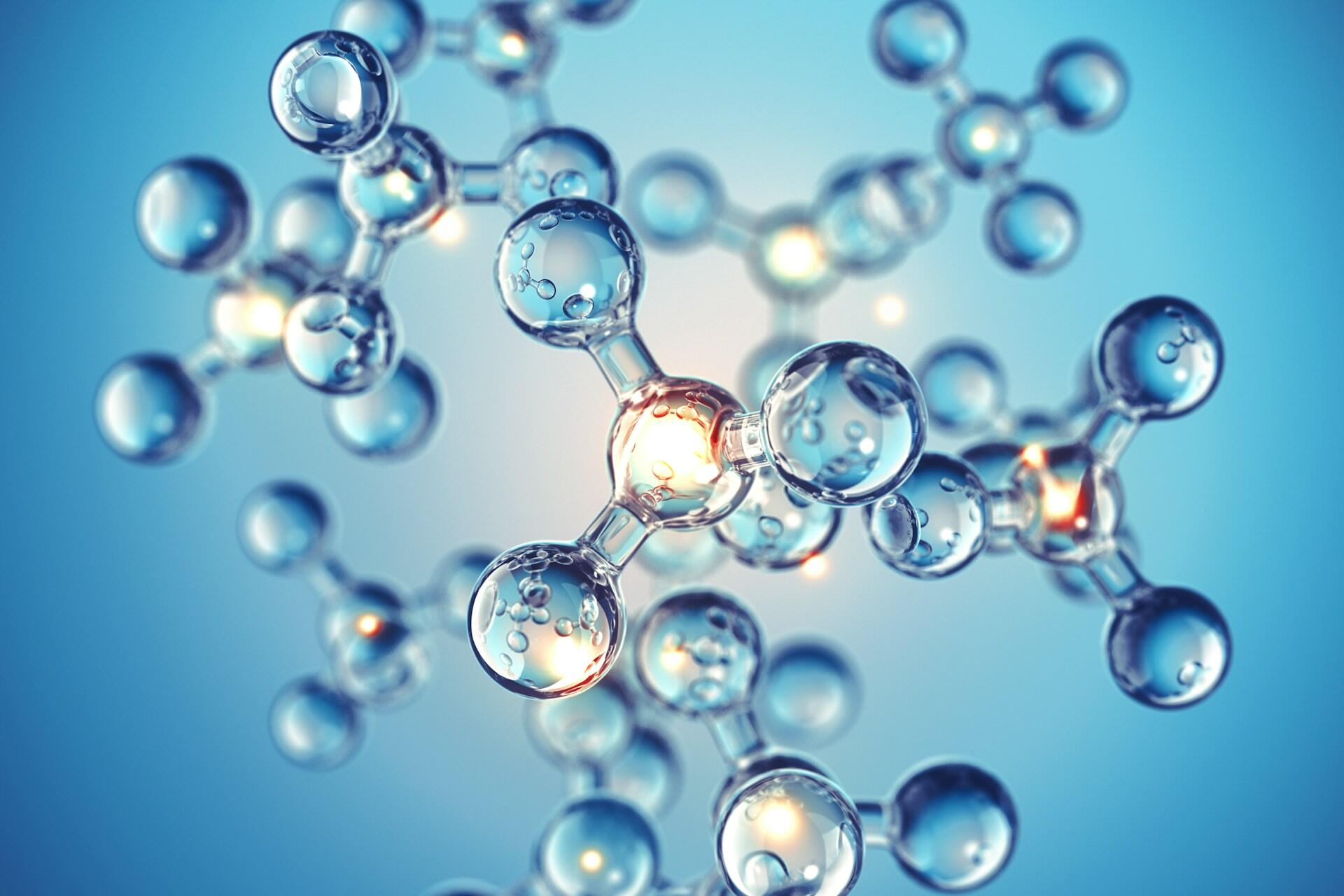 Molekylär struktur illustrerad i blått.