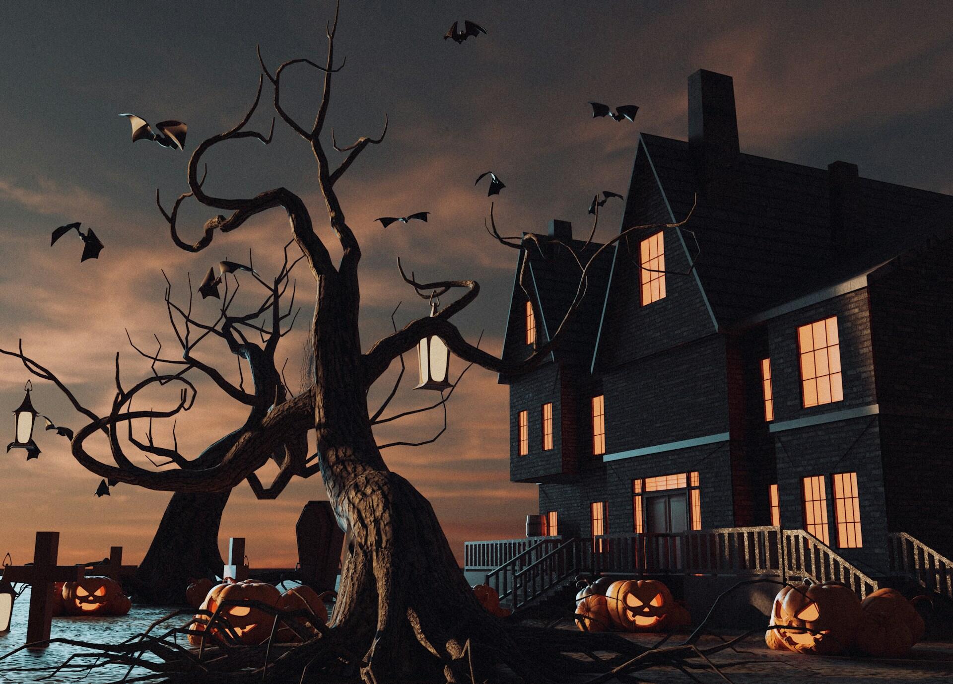 Animerad bild på ett spöklikt hus med Jack O lanterns i trädgården