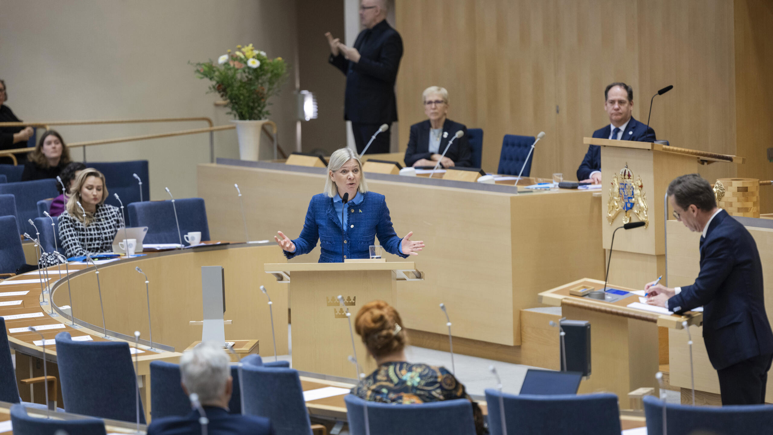 12 november 2025. Socialdemokraternas partiledare Magdalena Andersson debatterar mot statsminister Ulf Kristersson (M)