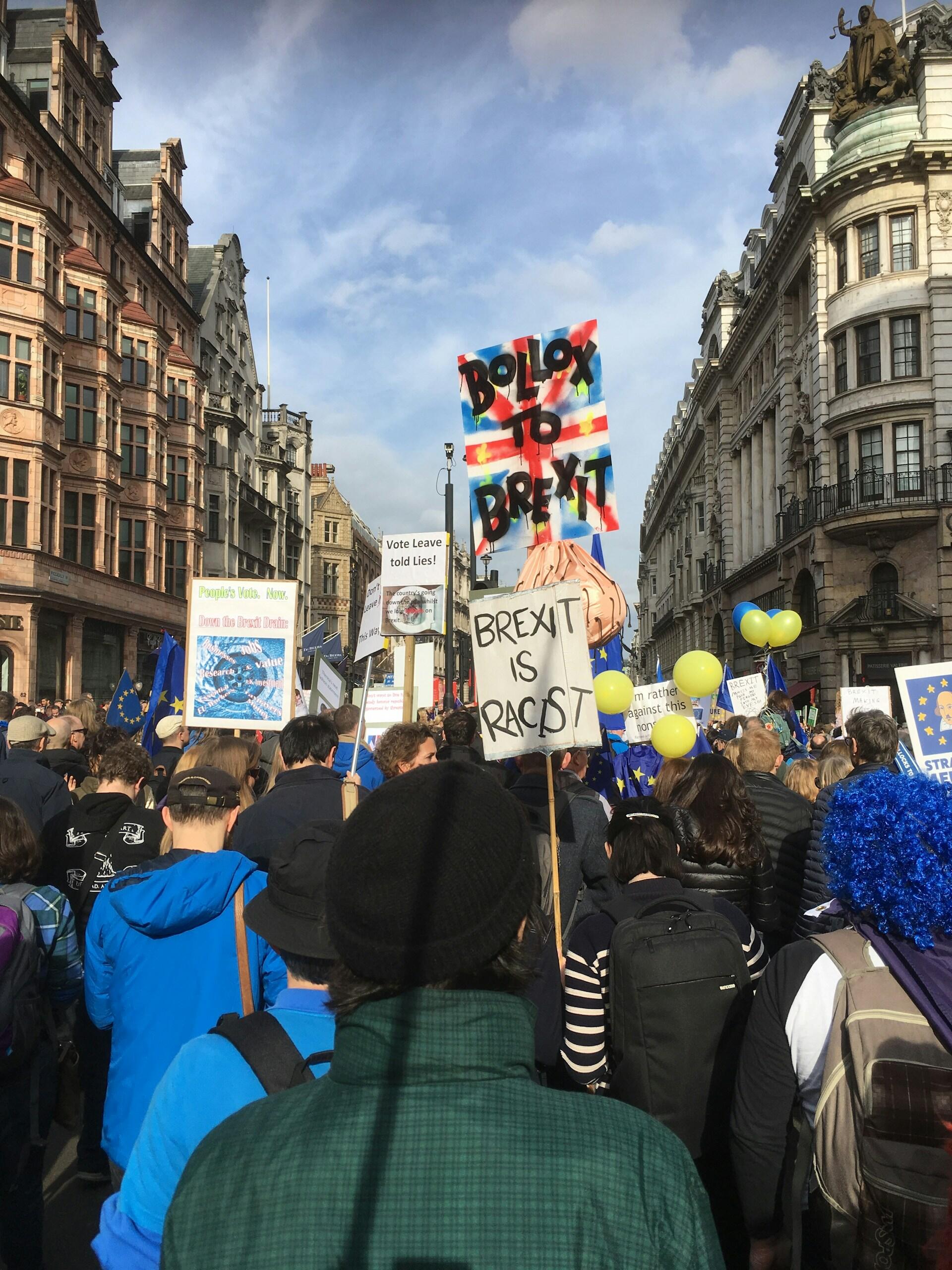 Stor folkmassa på en gata i London omgiven av historiska byggnader, med plakat som bland annat uttrycker starkt kritiska budskap mot Brexit, samt EU-flaggor och gula ballonger. Bilden är tagen från gatunivå med människorna sedda bakifrån.