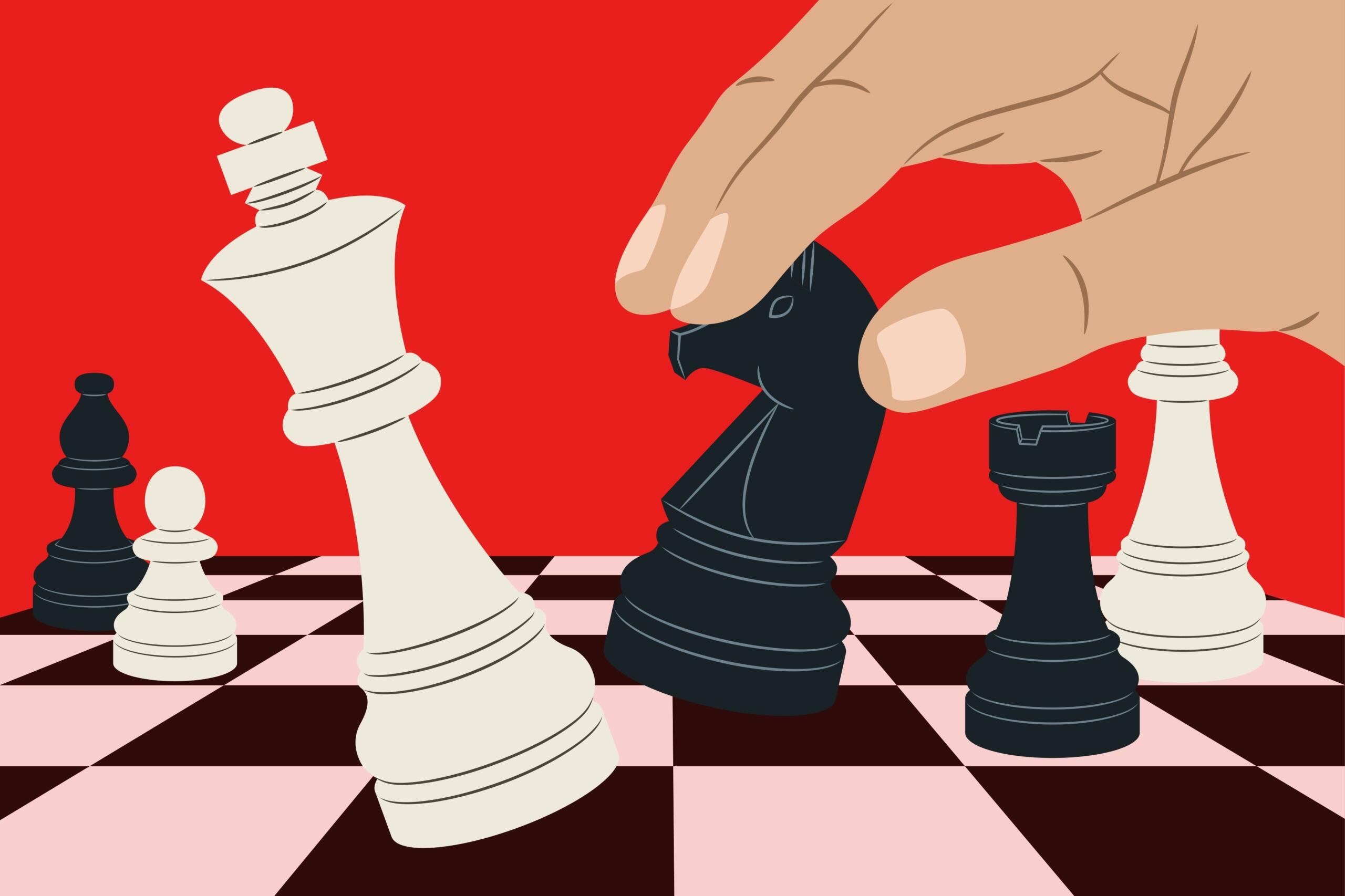 En svart, vit och rött illustration föreställande en hand som flyttar spelpjäser i schack. Bild av Adriandra Karuniawan via Unsplash+