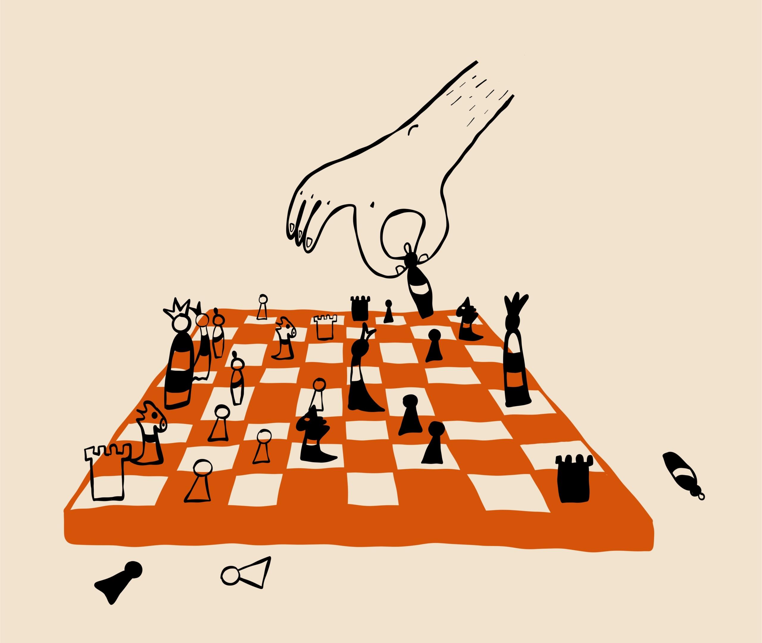 En svart, vit och orange illustration föreställande en hand som flyttar spelpjäser i schack.