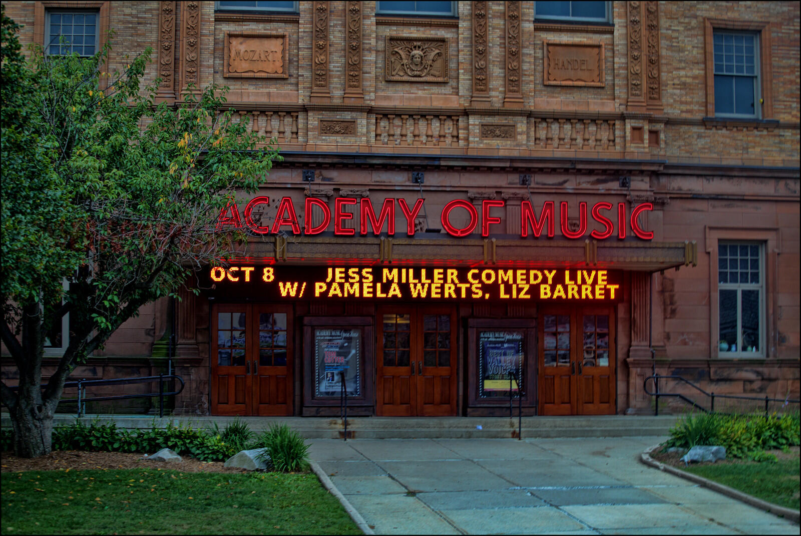 The outside view of a music academy. 