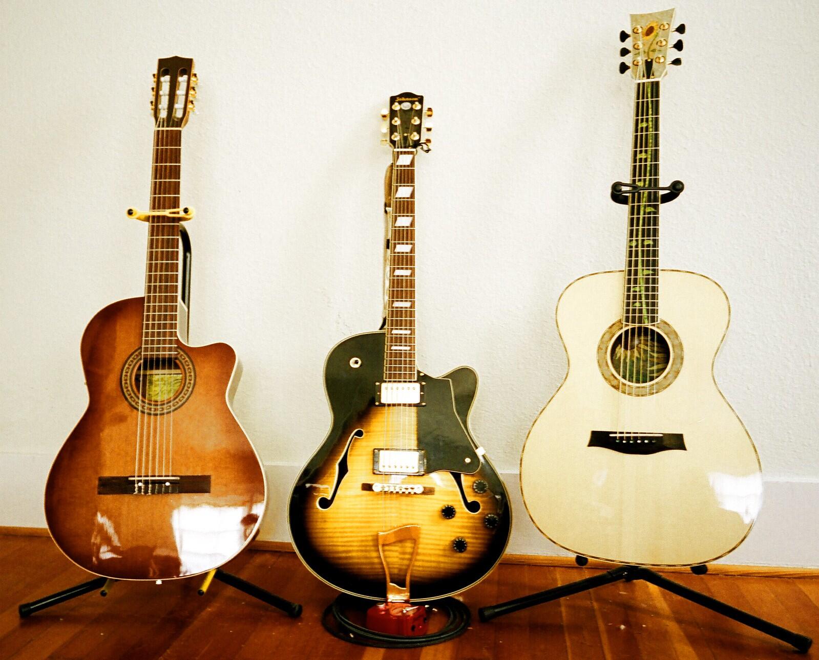 Three types of guitars lined up next to each other. Two acoustic guitars and one electric guitar. 