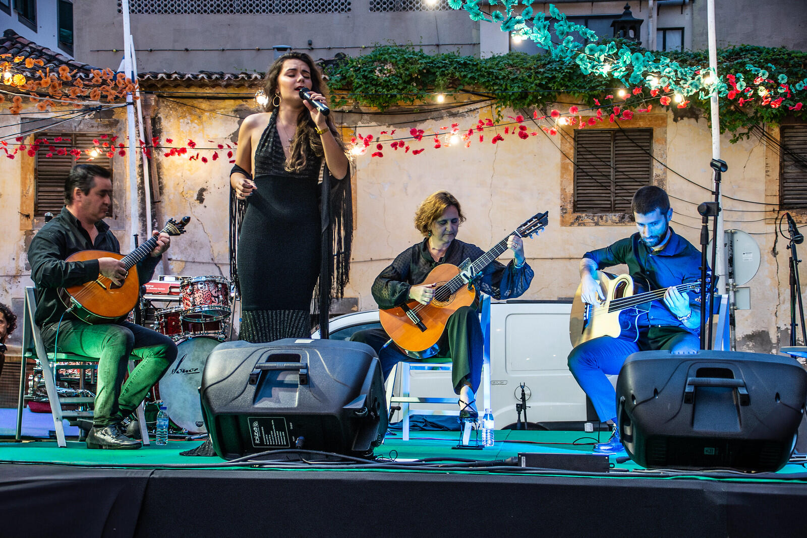 A band performing: Singer and guitarists.