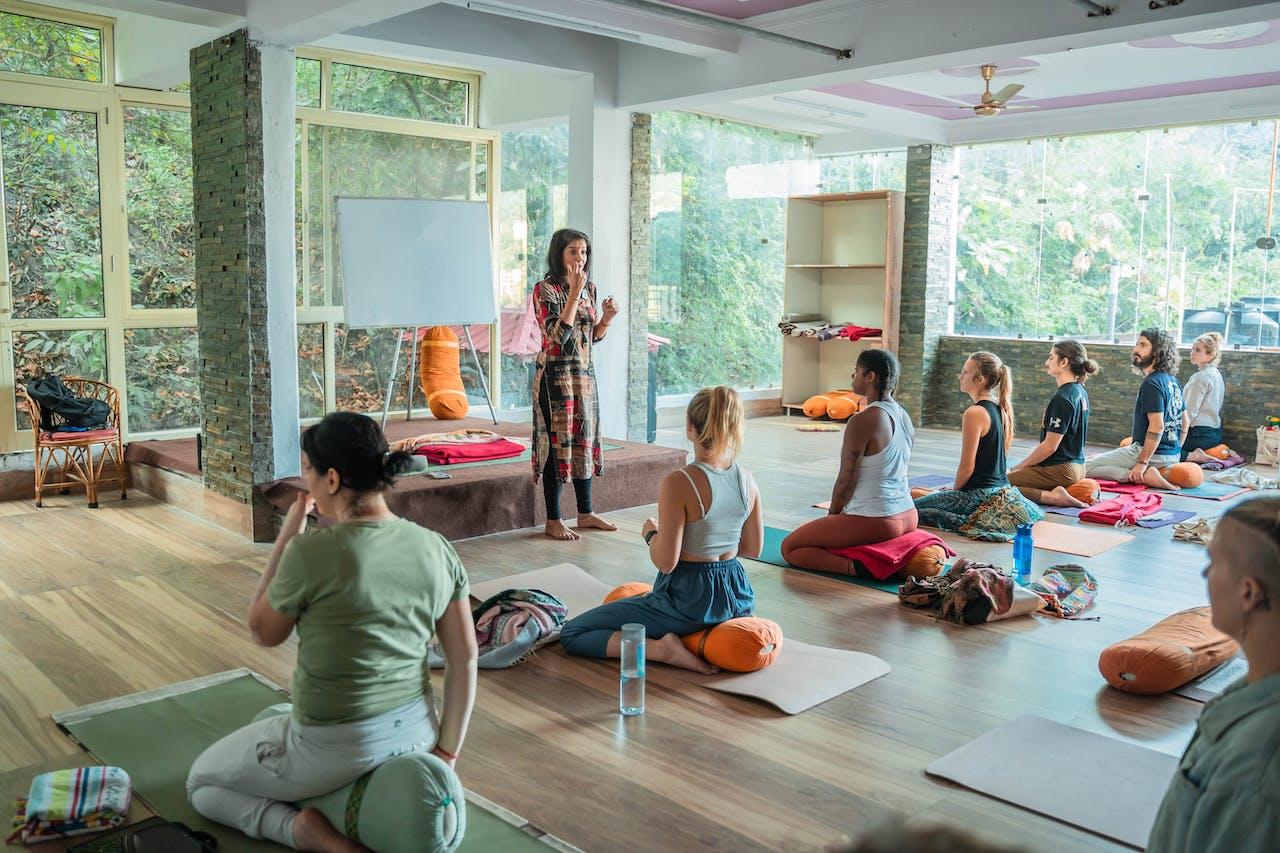 A Kundalini yoga class practicing pranayama