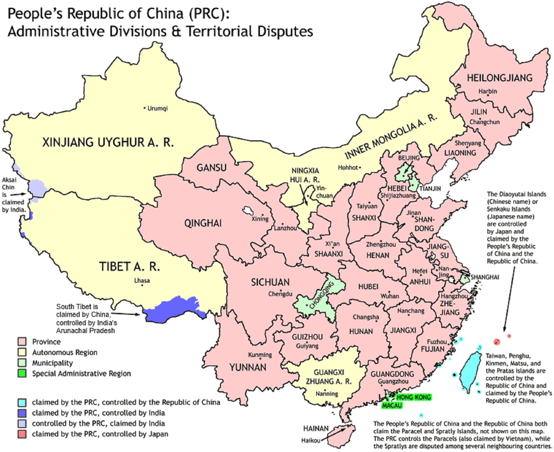 Map of China with administrative regions marked. 