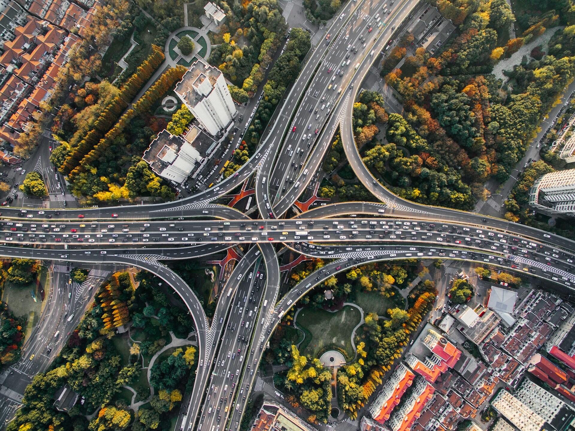 A highway interchange seen from above. 