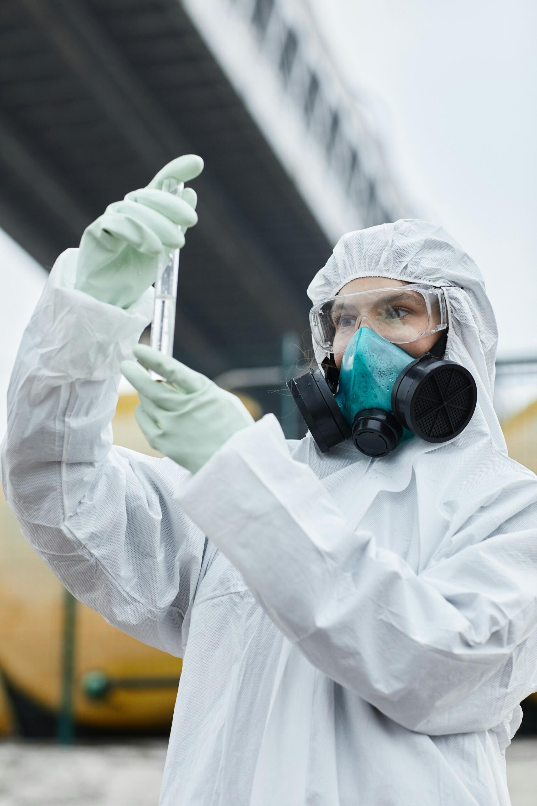 A person in full safety gear and respirator holds a glass test tube.