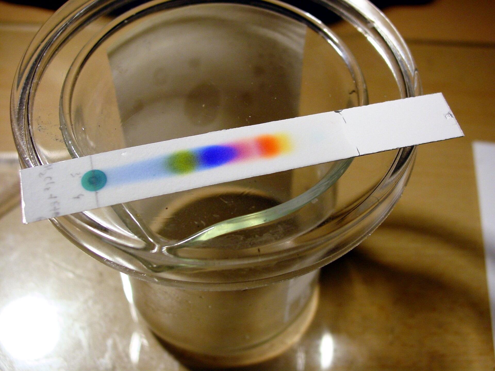A strip of white paper with colour splashes on it laying across a beaker's top.
