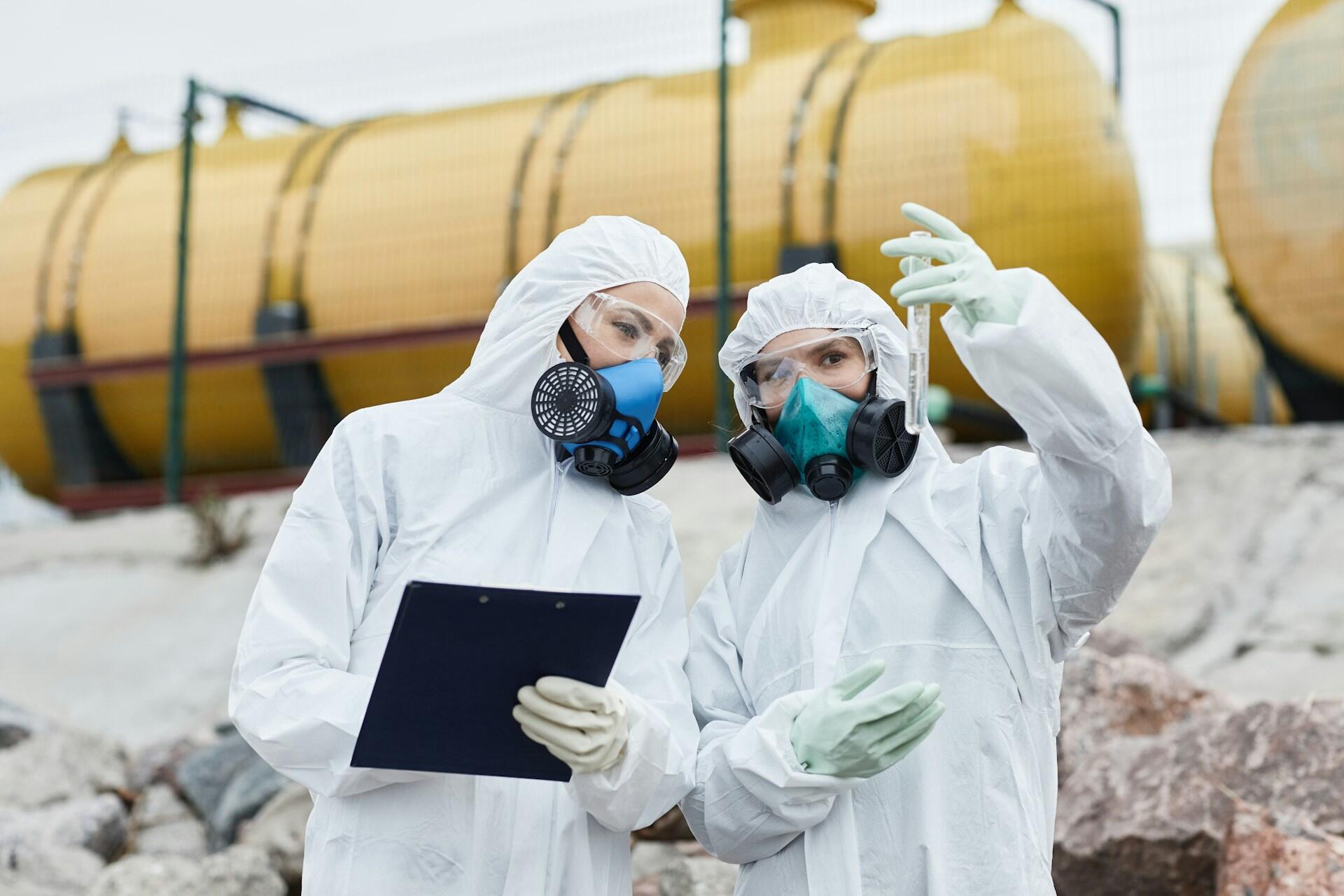 Two people wearing safety gear in front of a yellow gas storage tank.