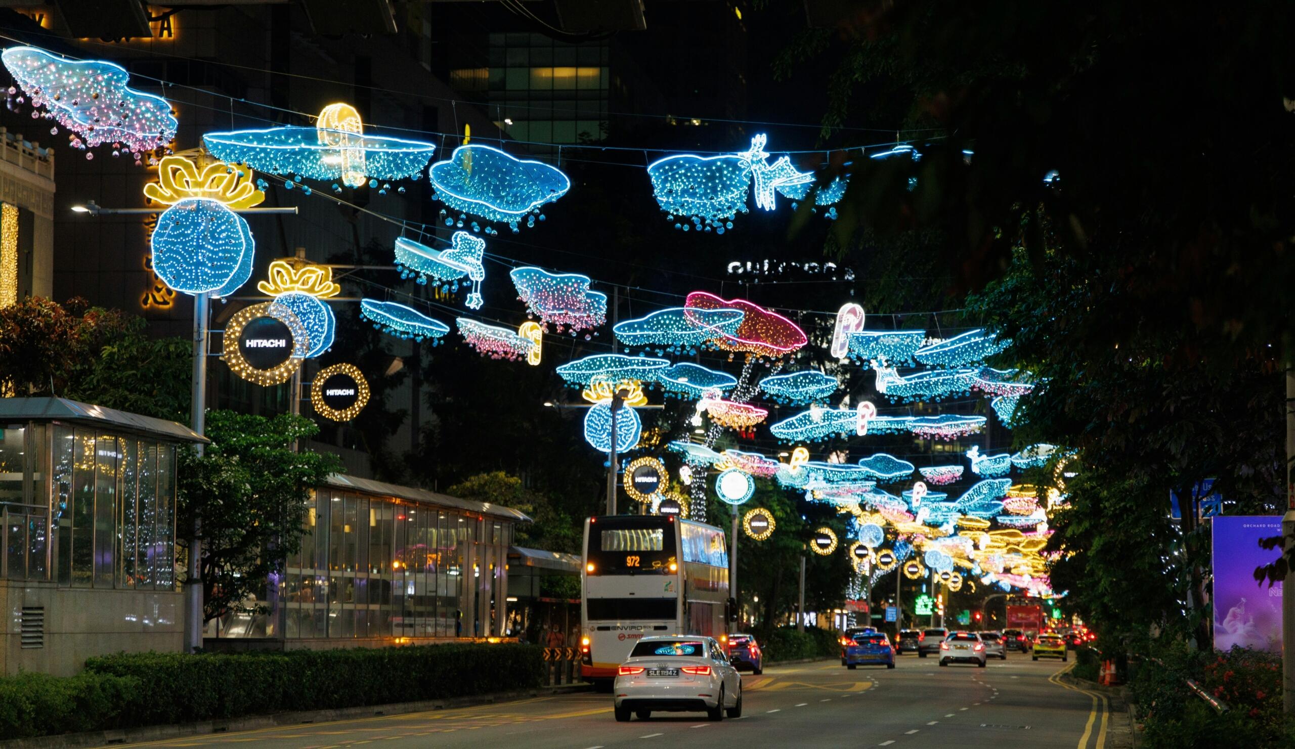 Orchard Road adorned in Christmas lights.