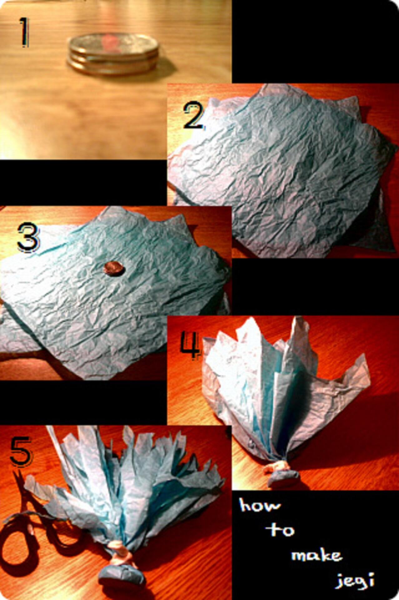 A collage showing steps to make a jegi, a traditional Korean toy.