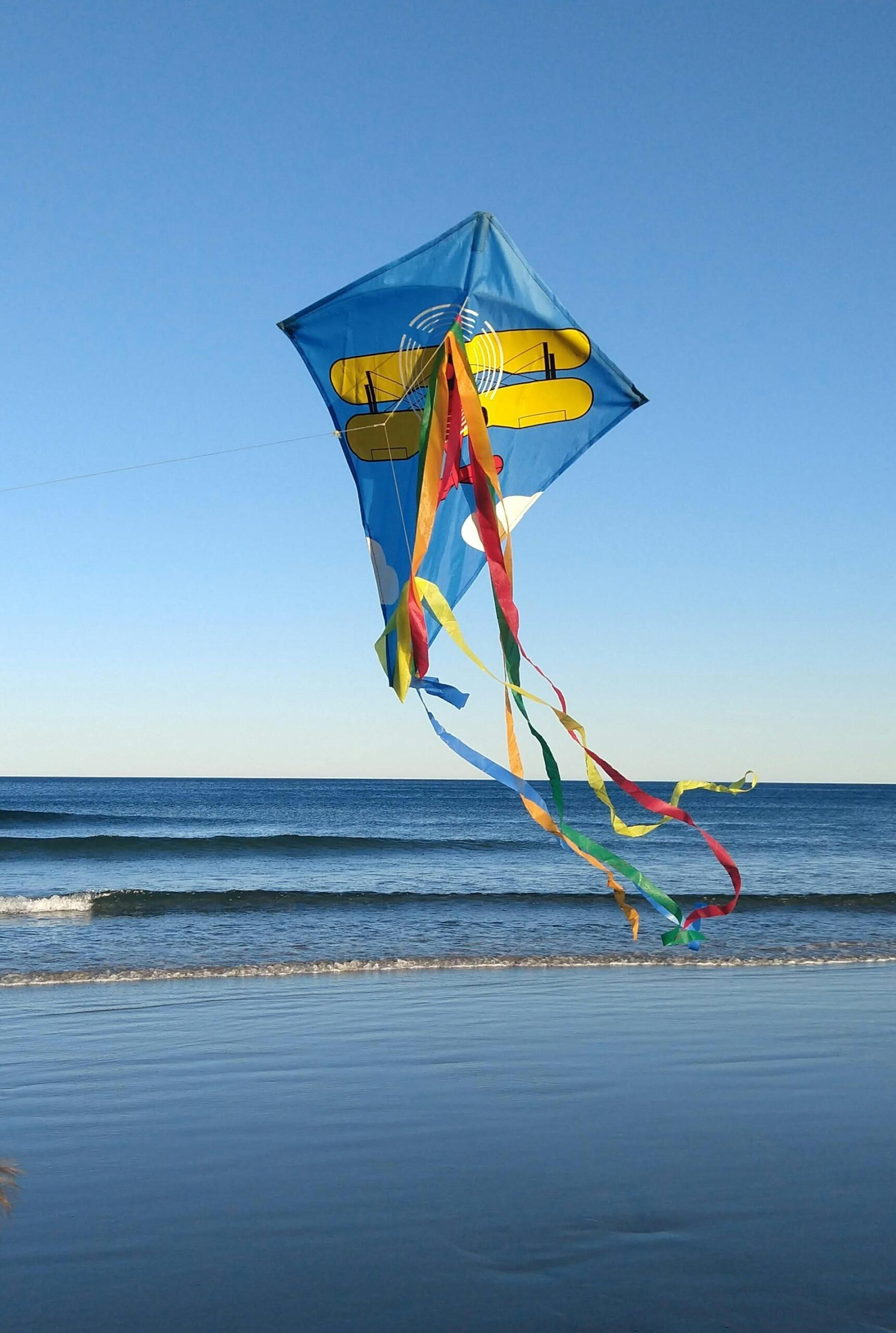 A blue and yellow kite with red streamers hovers over the sea.