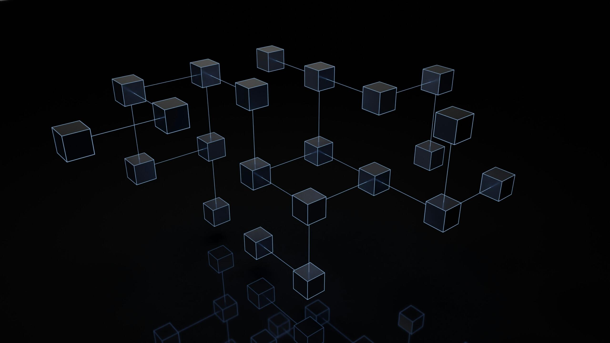 A black background featuring multiple geometric cubes arranged in various positions.