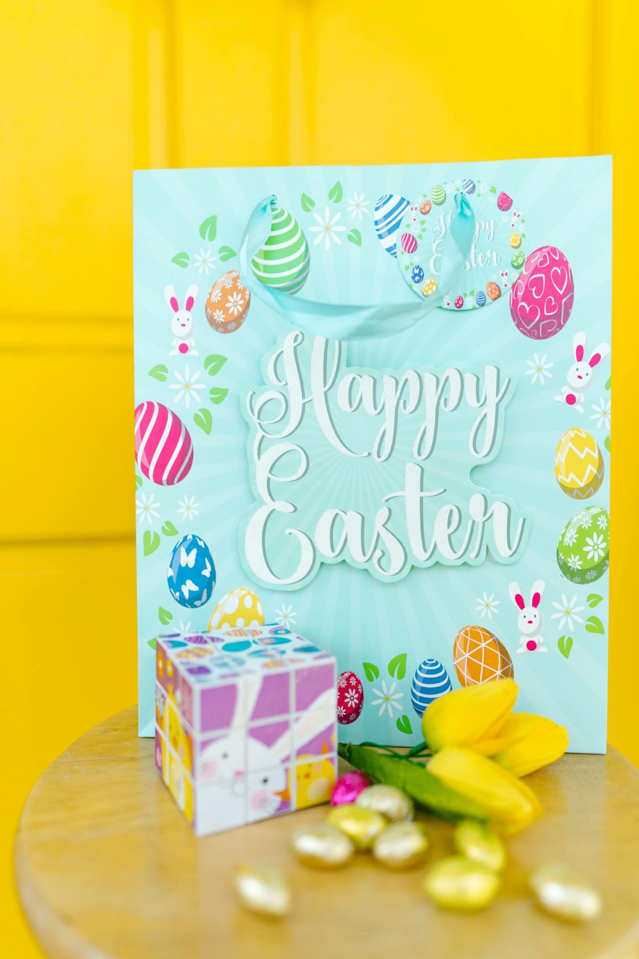 Colorful "Happy Easter" gift bag adorned with decorated eggs and bunnies, displayed next to yellow tulips and chocolate eggs on a table.