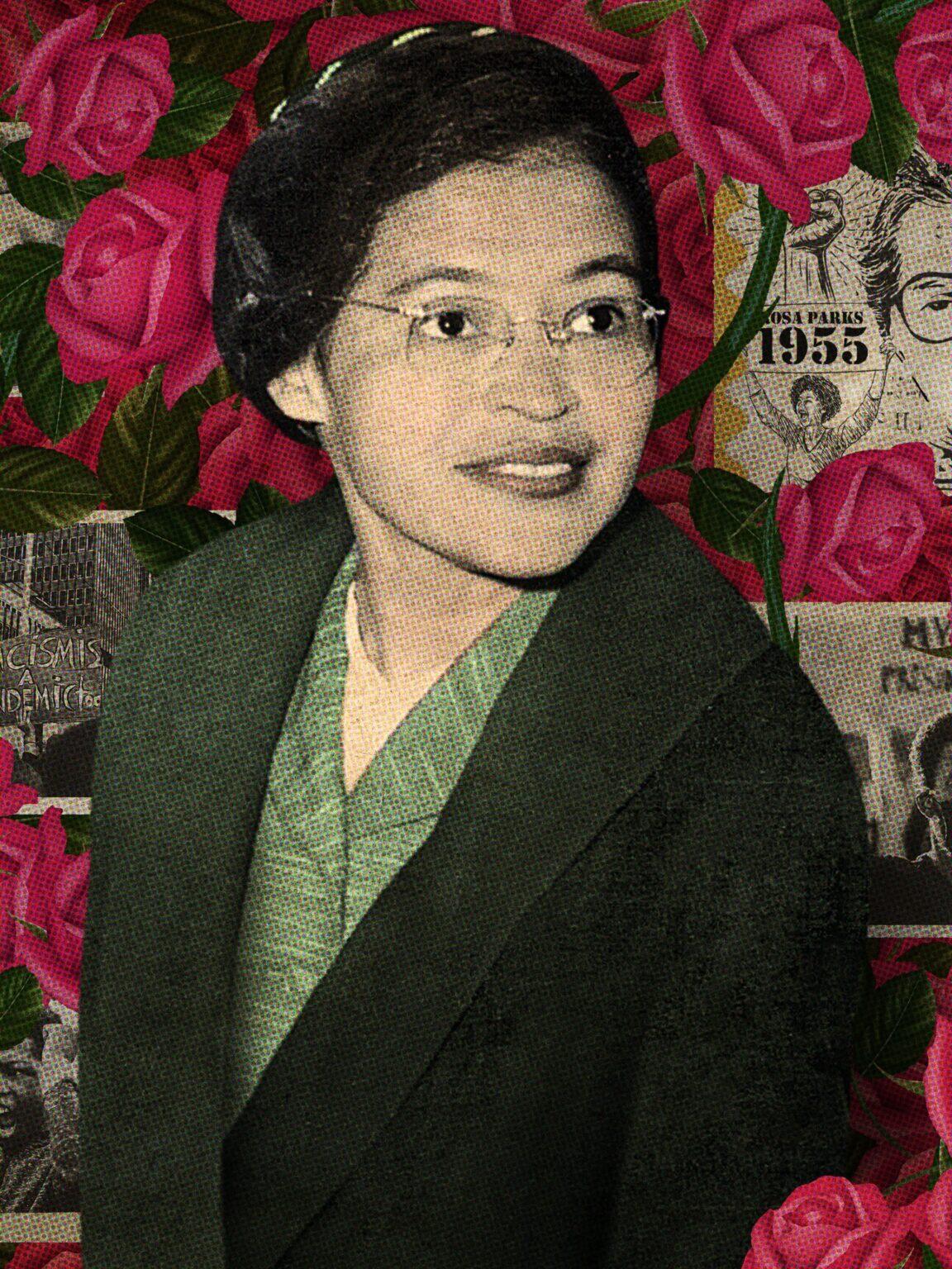 Rosa Parks edited into a newspaper clipping with roses surrounding her. 