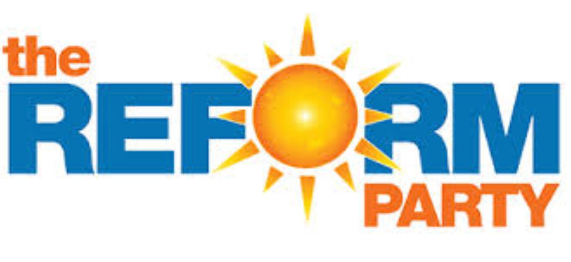 The logo reads "The Reform Party" with "Reform" large and blue, featuring a sun for the letter 'O'. "The" and "Party" are smaller and orange, conveying optimism.