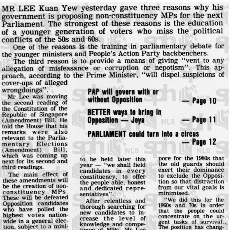 Newspaper clipping discusses Mr. Lee Kuan Yew’s reasons for proposing non-constituency MPs in Parliament to educate voters and address misconduct.
