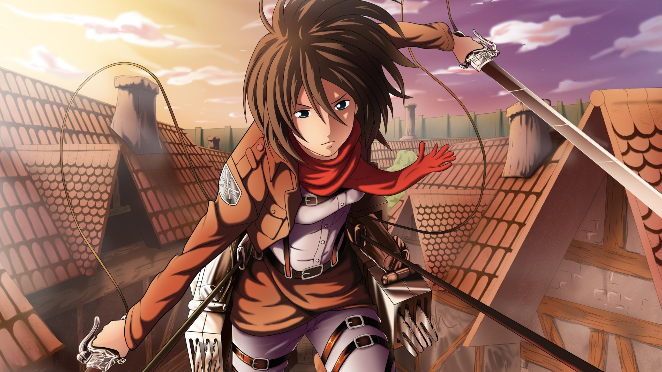 A wallpaper animation of Mikasa Ackerman, a key anime character in the series Attack on Titan, running with swords. 
