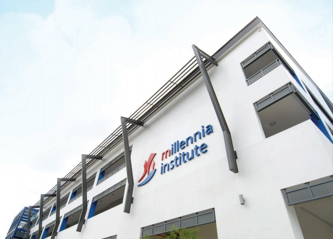 Three-story modern building of Millennia Institute, with white walls and large windows. The logo is visible, creating an educational atmosphere.