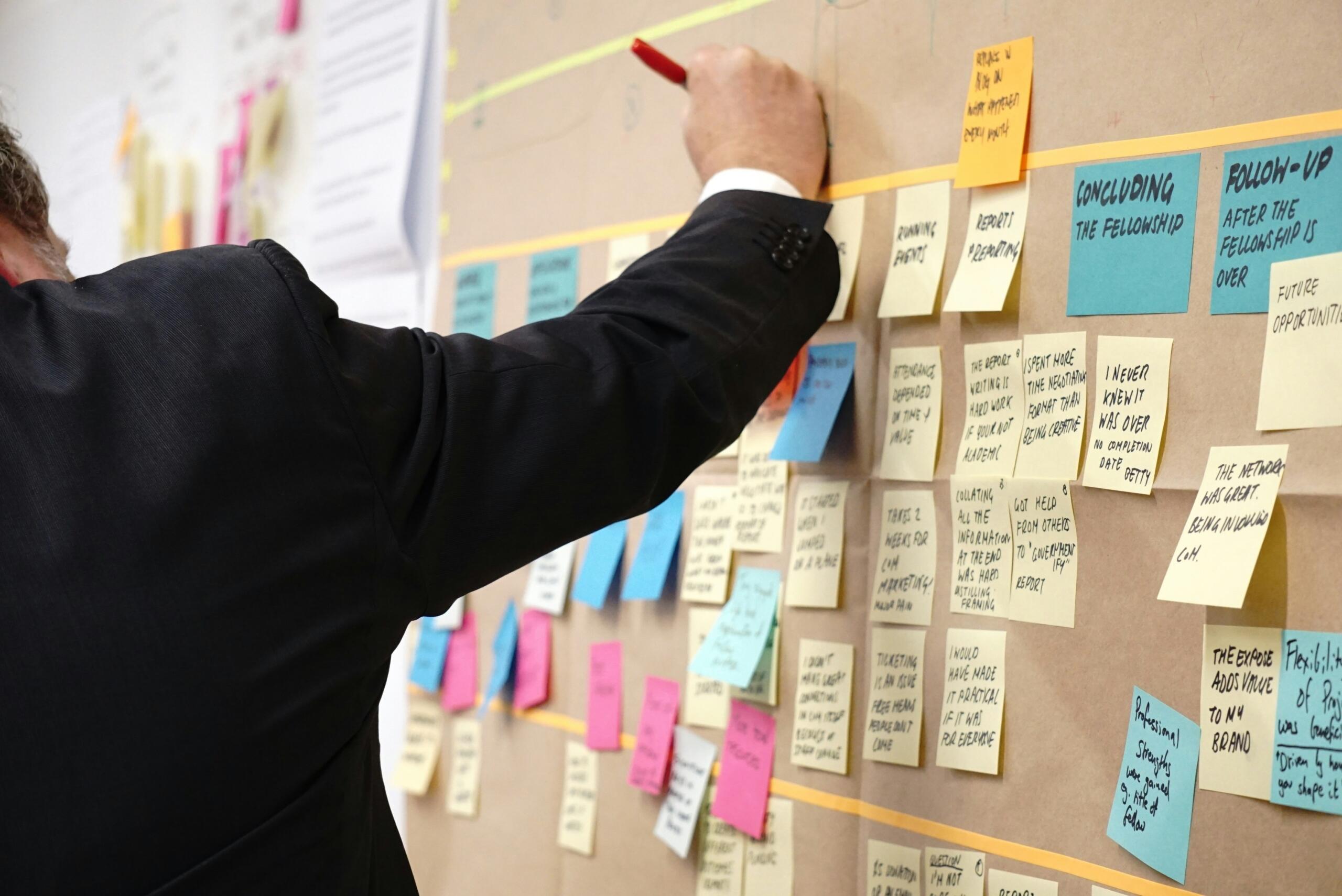 A man in a suit writes on a board covered with colorful sticky notes, engaged in a brainstorming session.