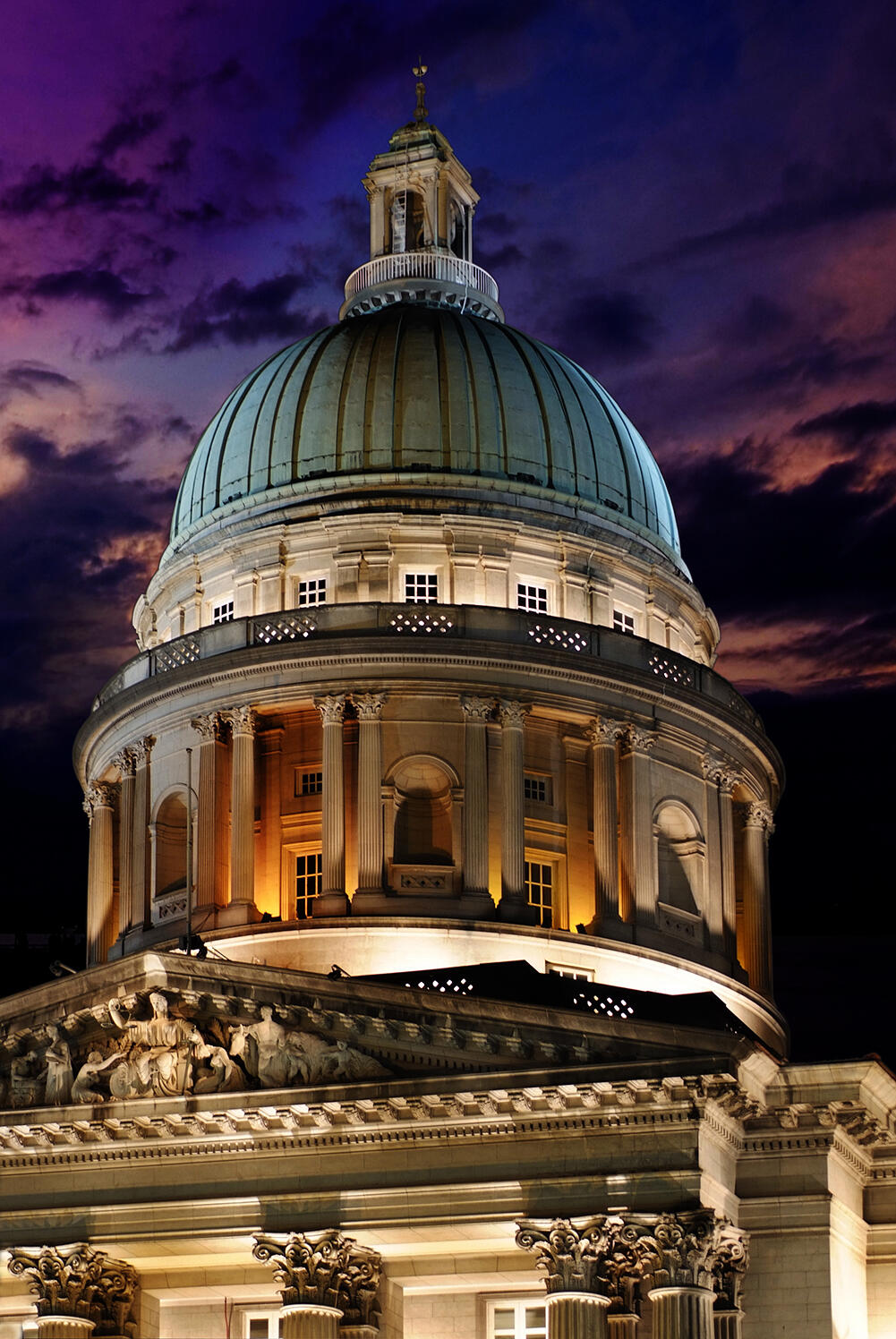 A nighttime shot of the old Supreme Court in Singapore