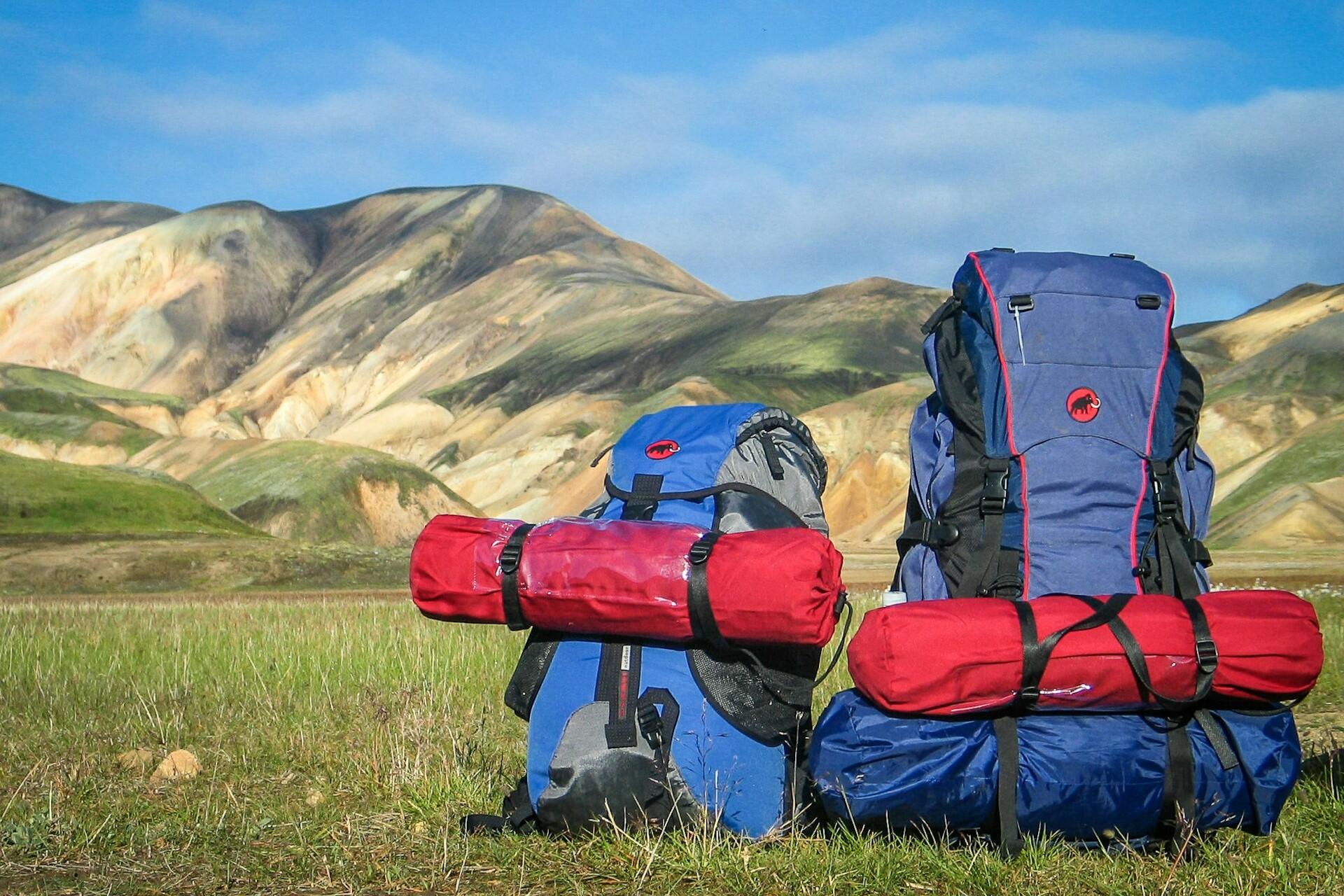 Two large backpacks in a grassy landscape with hills in the background