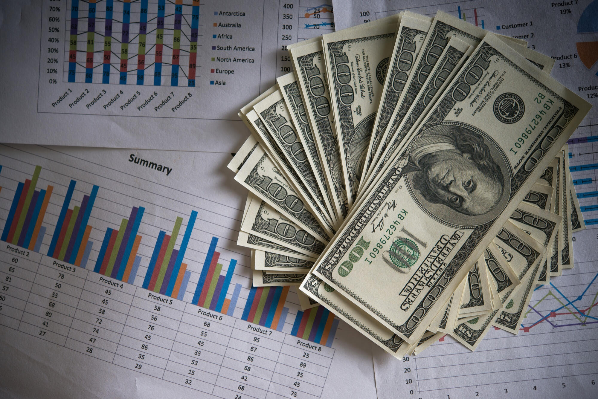 A desk displaying scattered dollar bills alongside graphs and financial documents.
