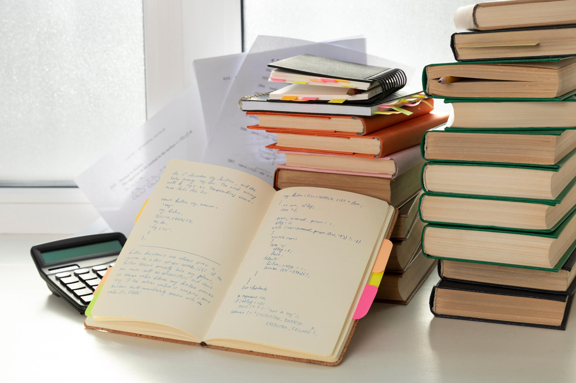 A stack of books beside a calculator on a wooden table, suggesting a study or academic environment.