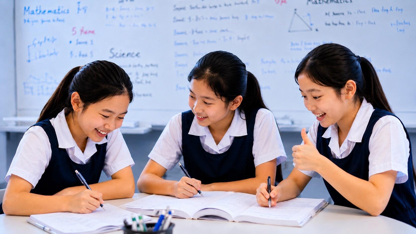 Three students in school uniforms sit at a desk, writing in notebooks and smiling, with whiteboards covered in notes and diagrams in the background.