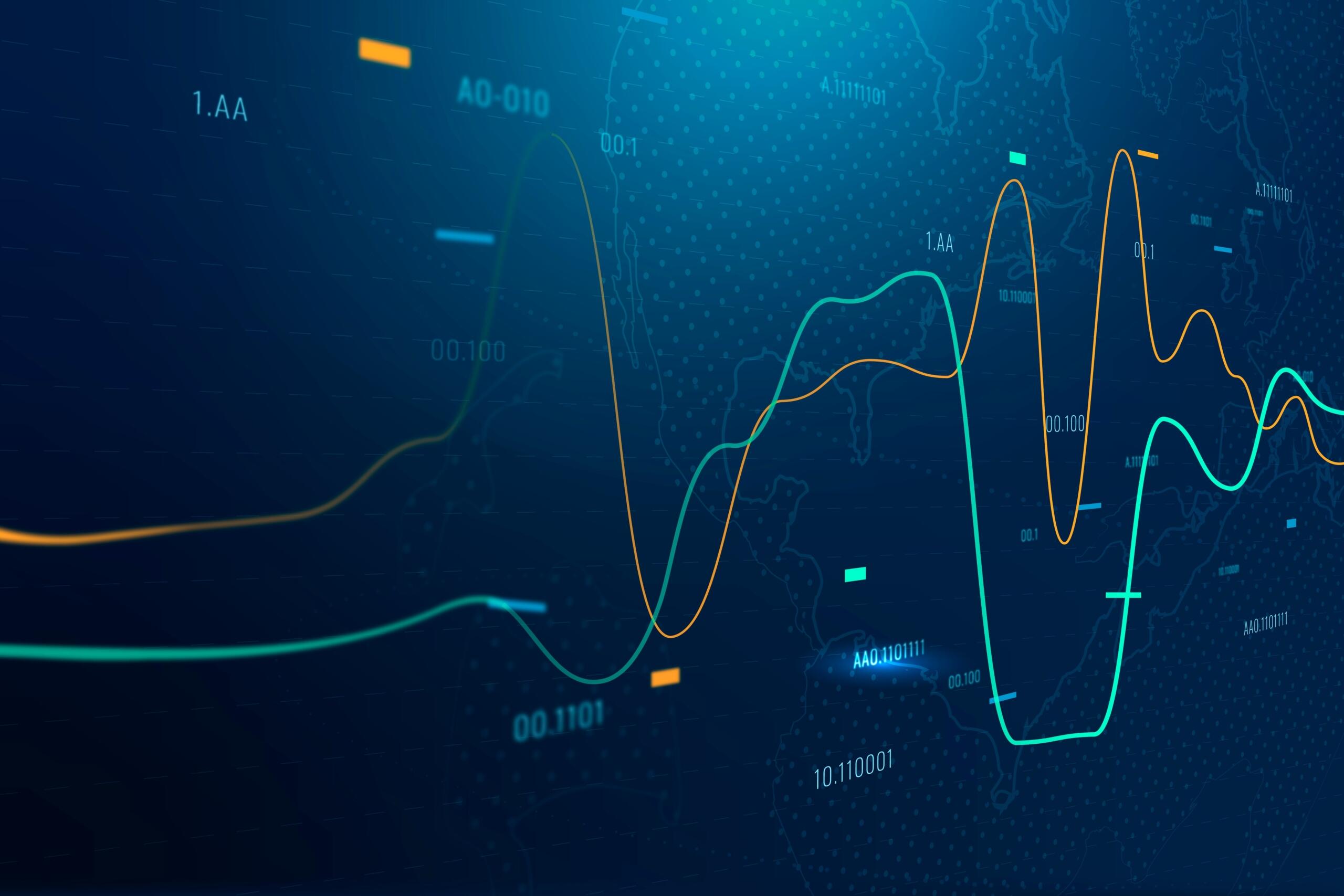 A blue background featuring a graph with a prominent line illustrating data trends.