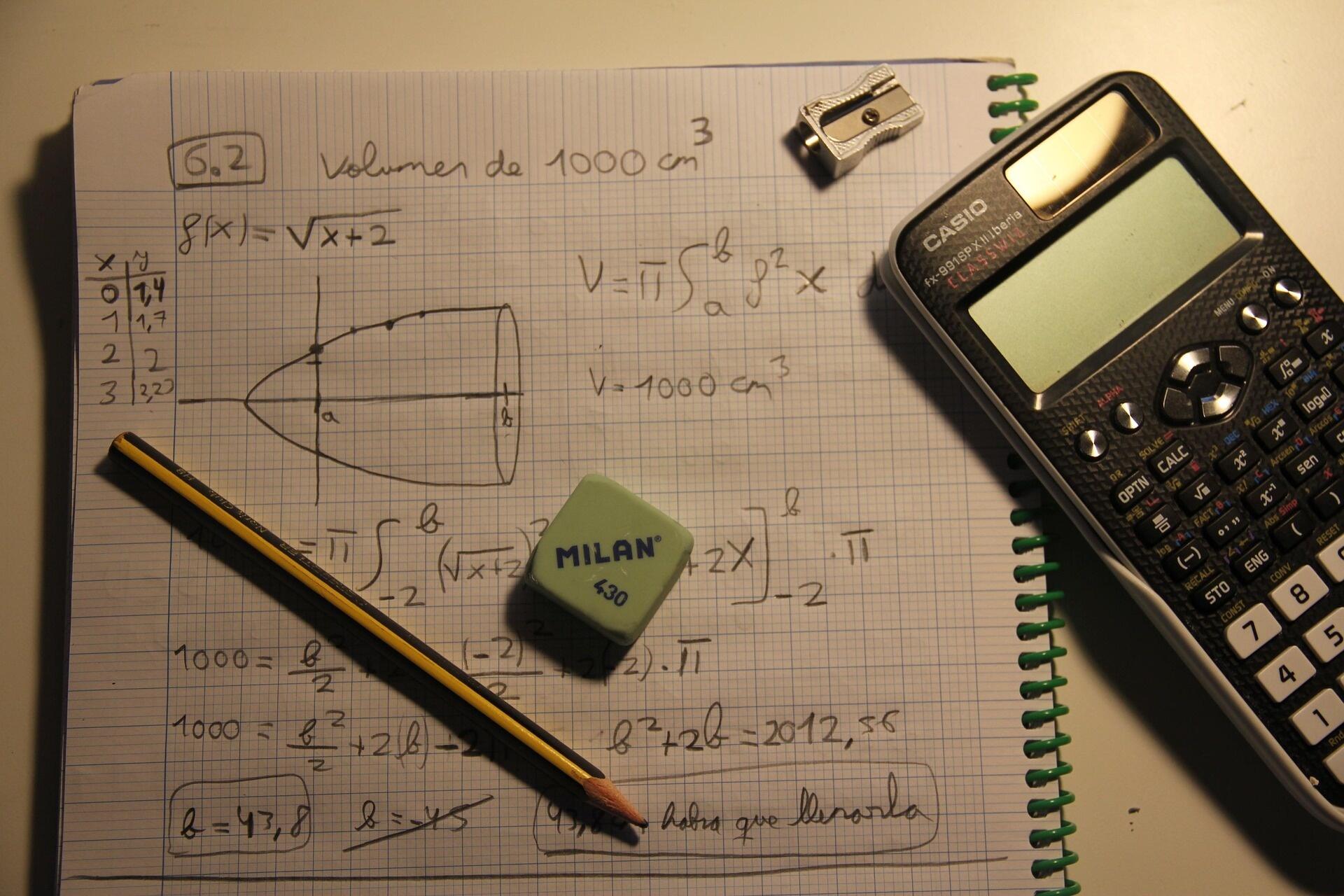 Scientific calculator, mathematics notes, and graph sketches used for Singapore GCE A-Level H2 Mathematics revision.