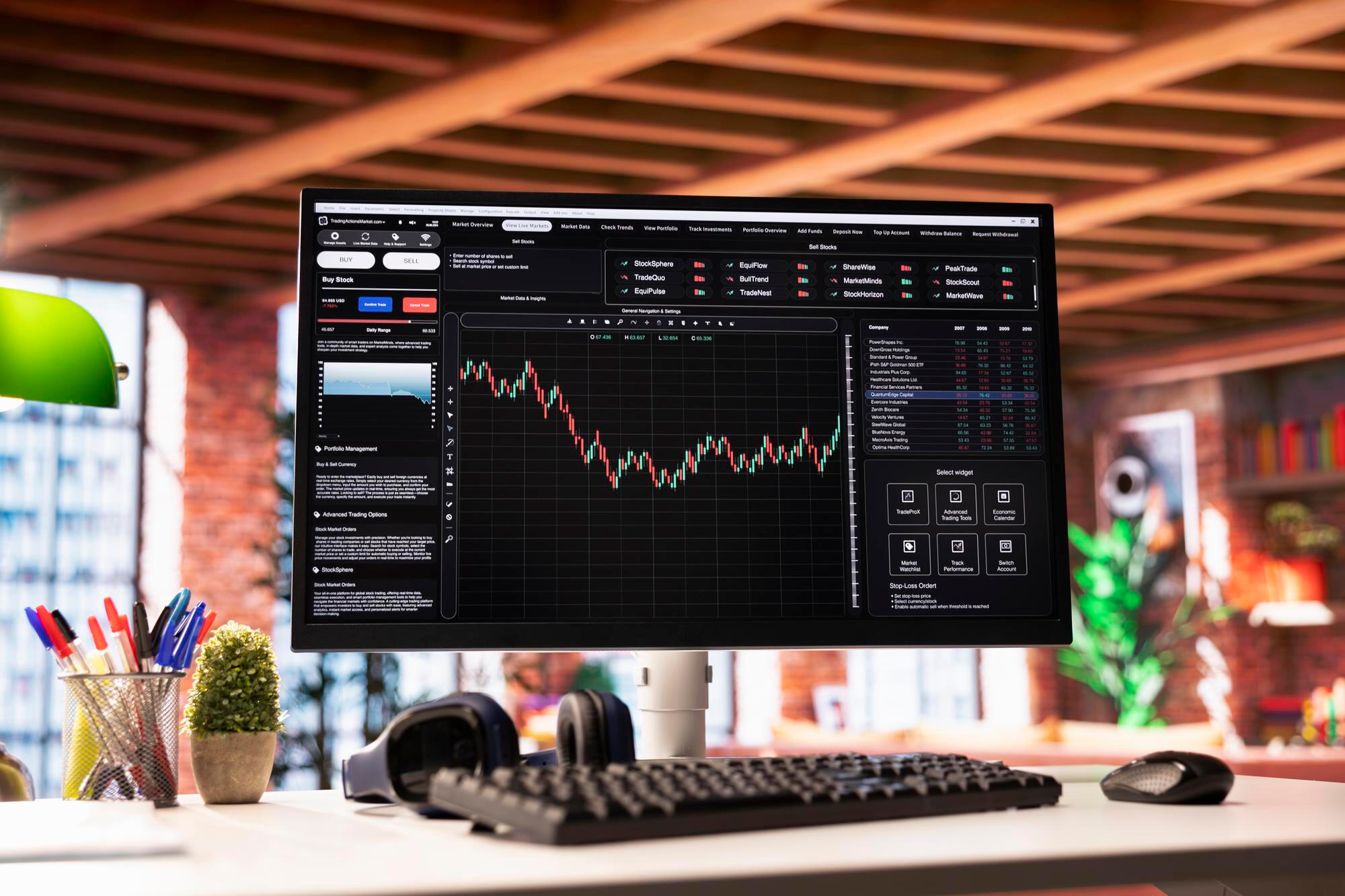 A computer monitor displaying a stock trading chart with fluctuating lines and data points.