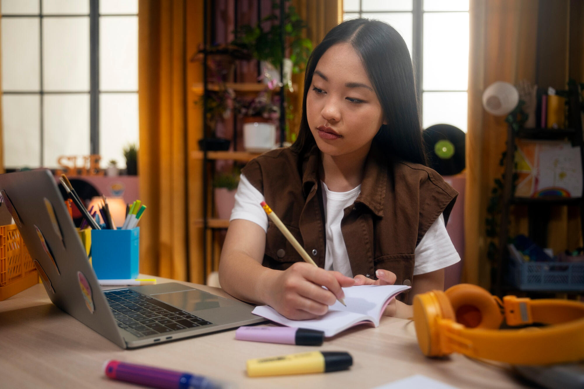 A young woman sits at a table, focused on her laptop, with a pen in hand, engaged in work or study.