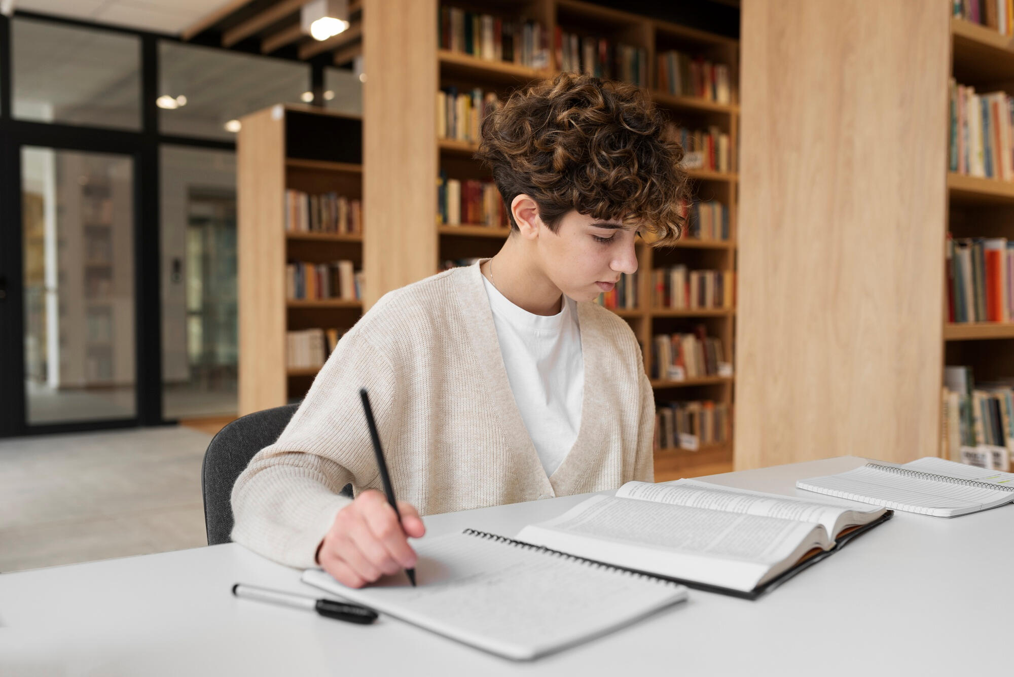 A young woman sits at a table, focused on a book while holding a pen, engaged in writing or studying.