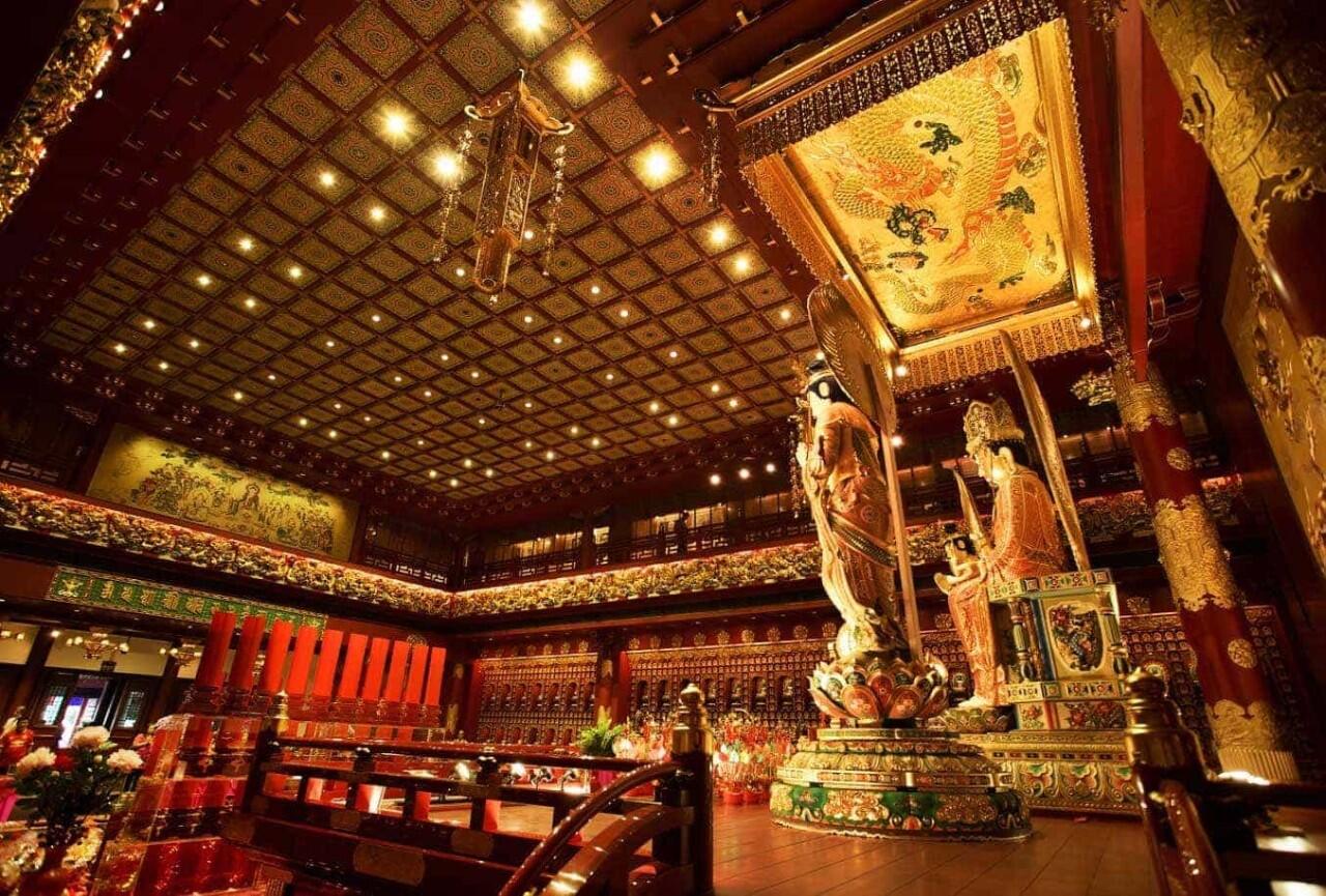 The interior of buddha tooth relic temple in Singapore.