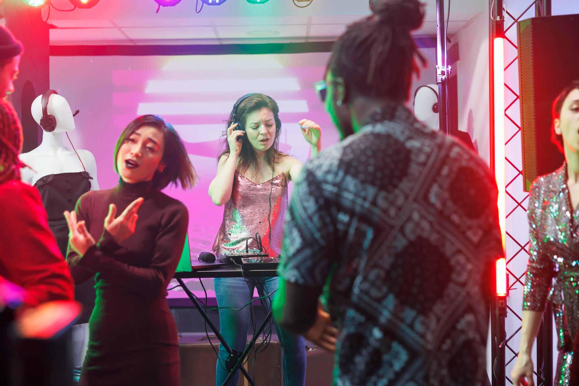 A diverse crowd of people dancing joyfully in a club, surrounded by flashing lights and a festive ambiance.