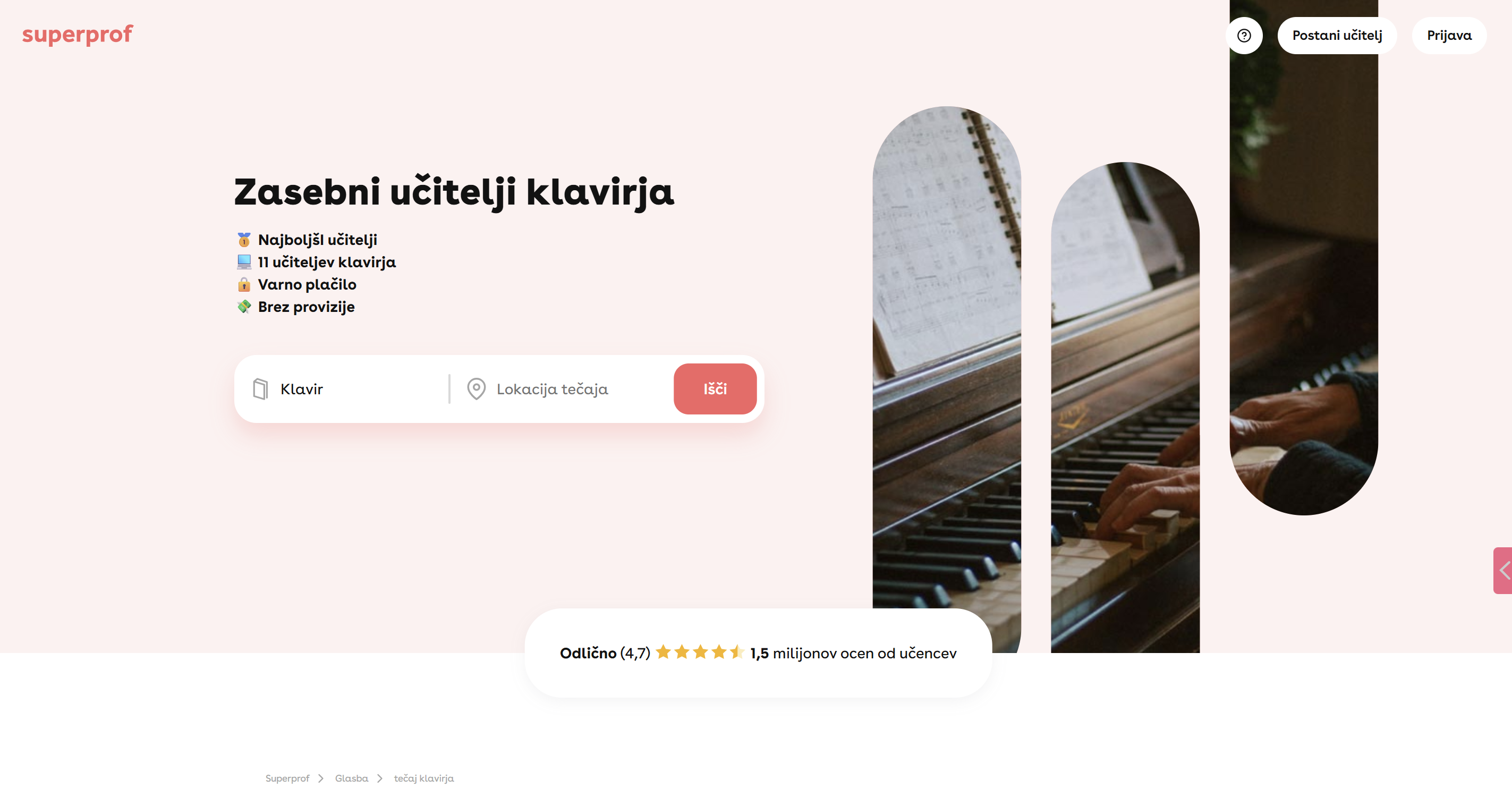 pristajalna stran Superprof za iskanje učiteljev klavirja