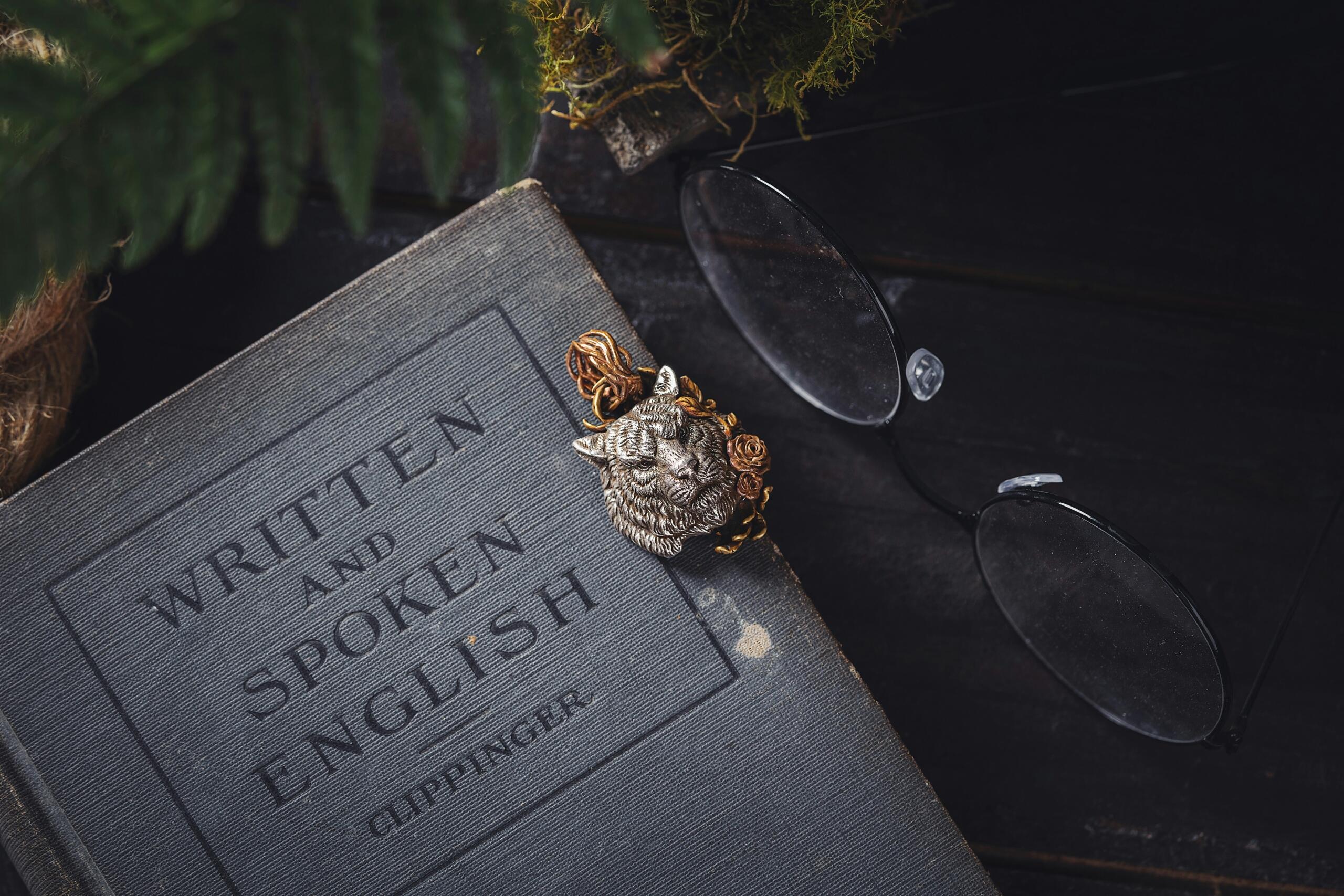 Stara knjiga 'Written and Spoken English' z očali in tigrovim sponko na temnem ozadju z rastlinami.