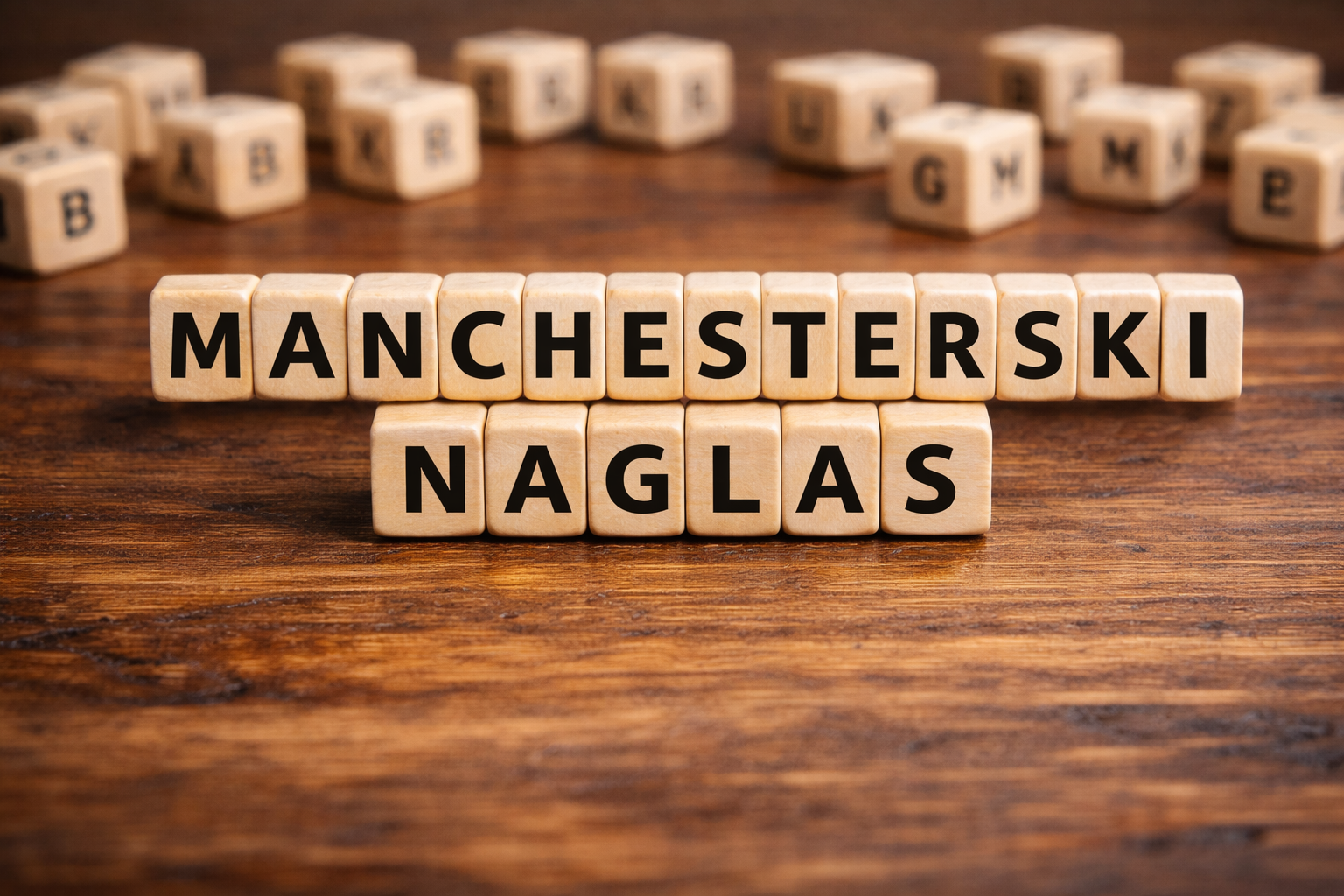 Lesene črkovne kocke na mizi, ki sestavljajo napis »MANCHESTERSKI NAGLAS«.