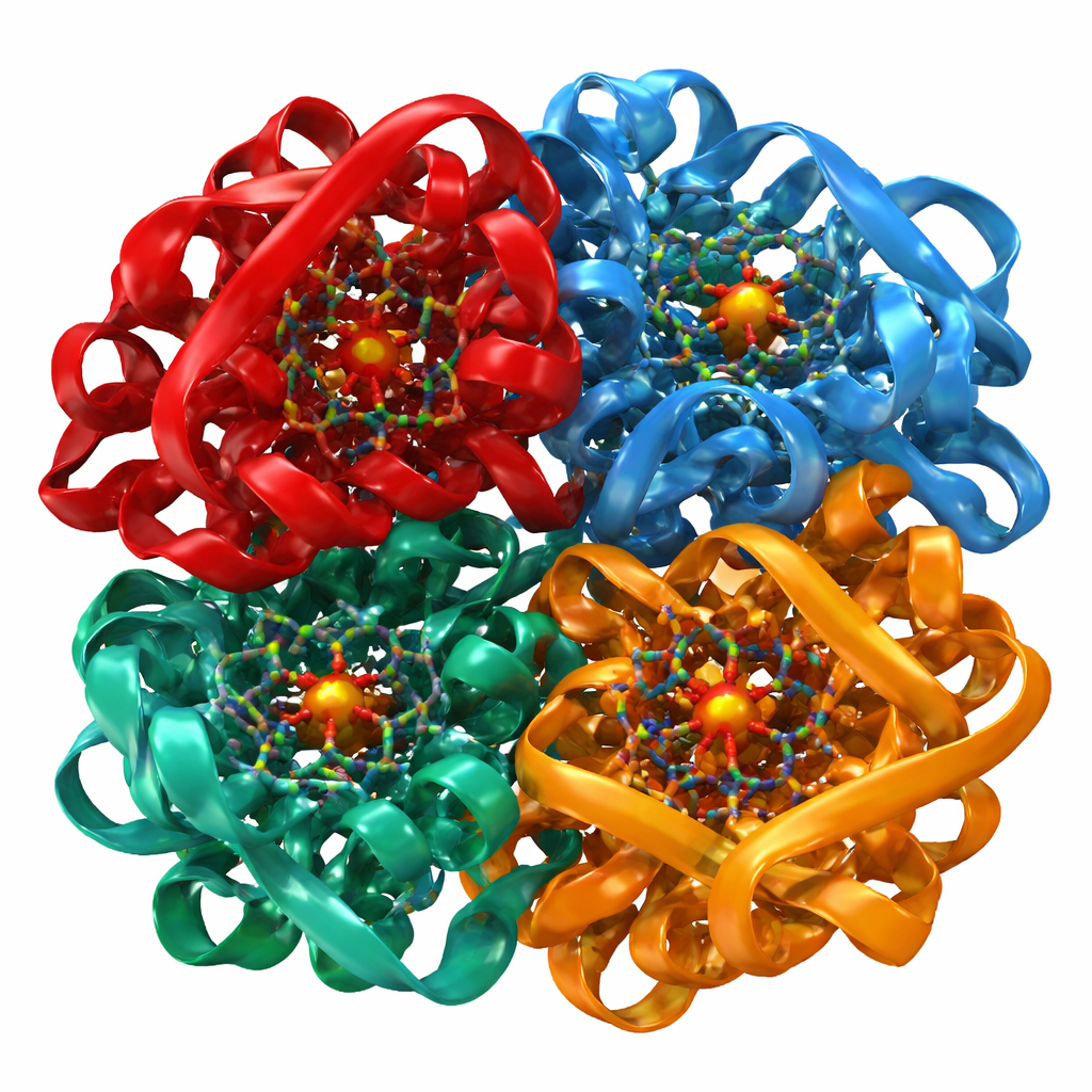Barvita 3D struktura molekule hemoglobina, prikazana kot skupina štirih podenot (rdeča, modra, zelena in oranžna) z alfa-vijačnicami in beta-listi, v središču vsake podenote svetleči heme skupini z železovim atomom, na črnem ozadju z odsevi