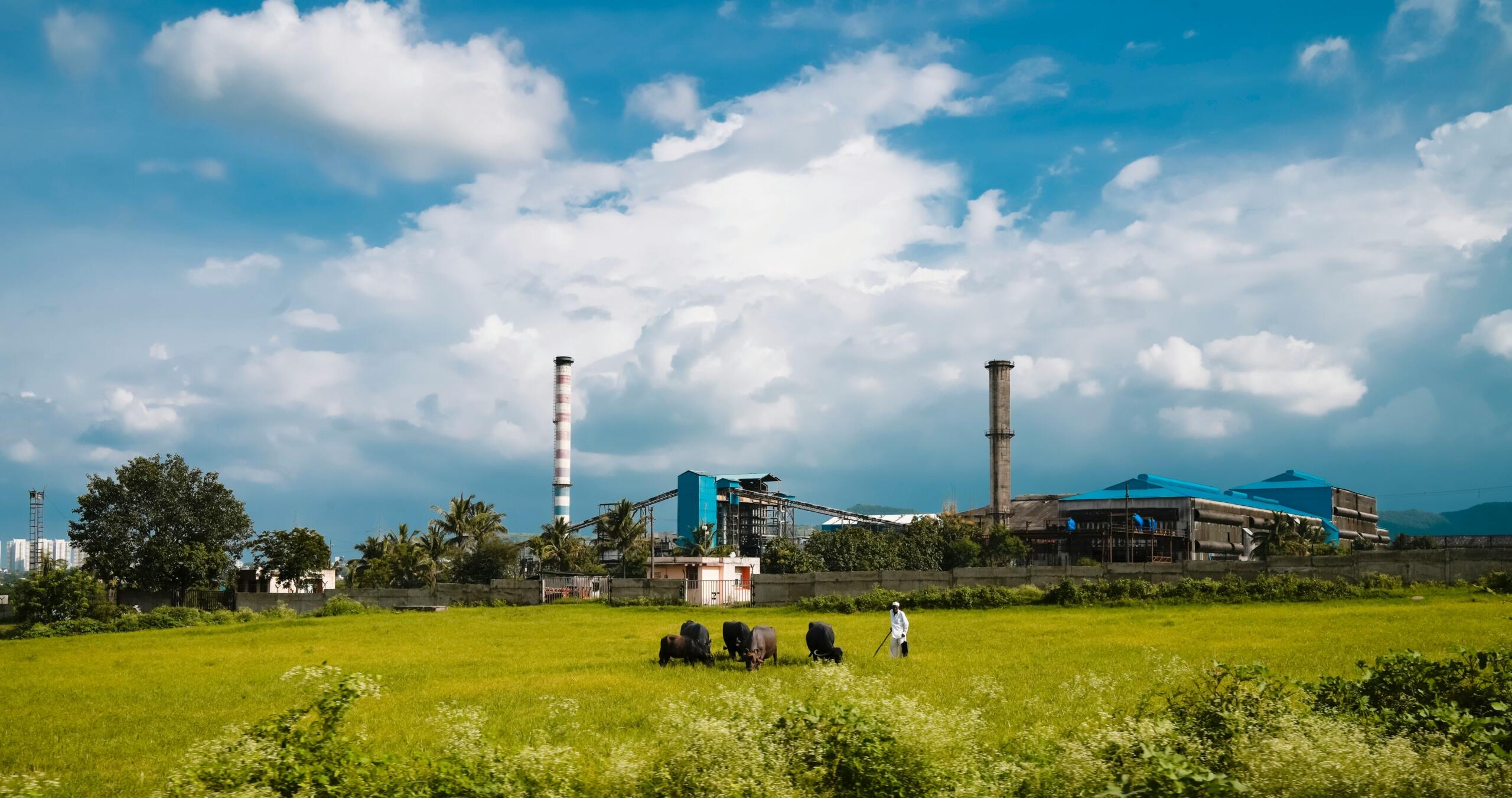 Industrijski obrat z visokim dimnikom, ki se dviga iz modrega neba, v ospredju zeleno polje z biki in pastirjem v beli obleki, ozadje z modrimi in belimi oblaki