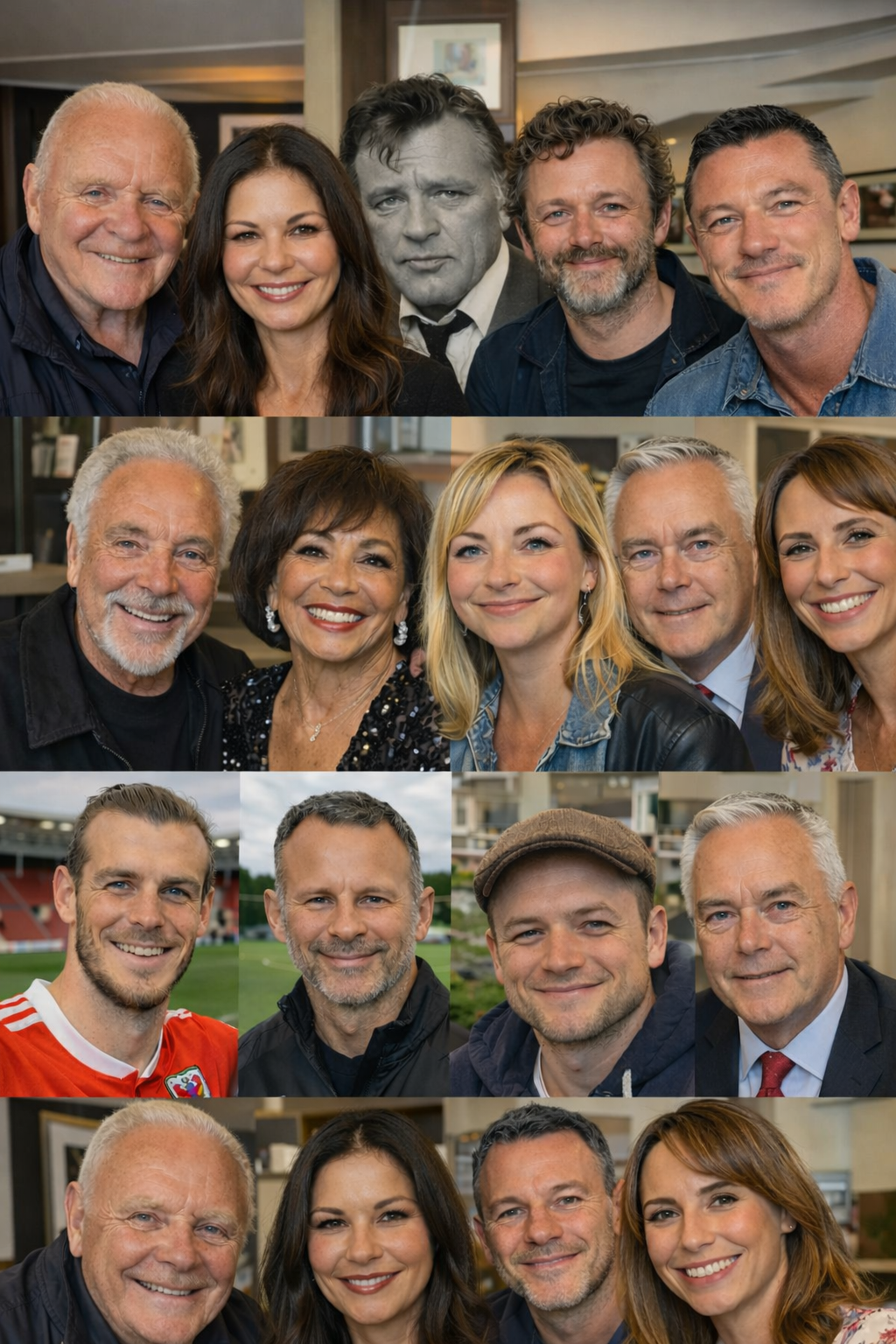 Kolaž znanih Valižanov ki govorijo z valižanskim naglasom.