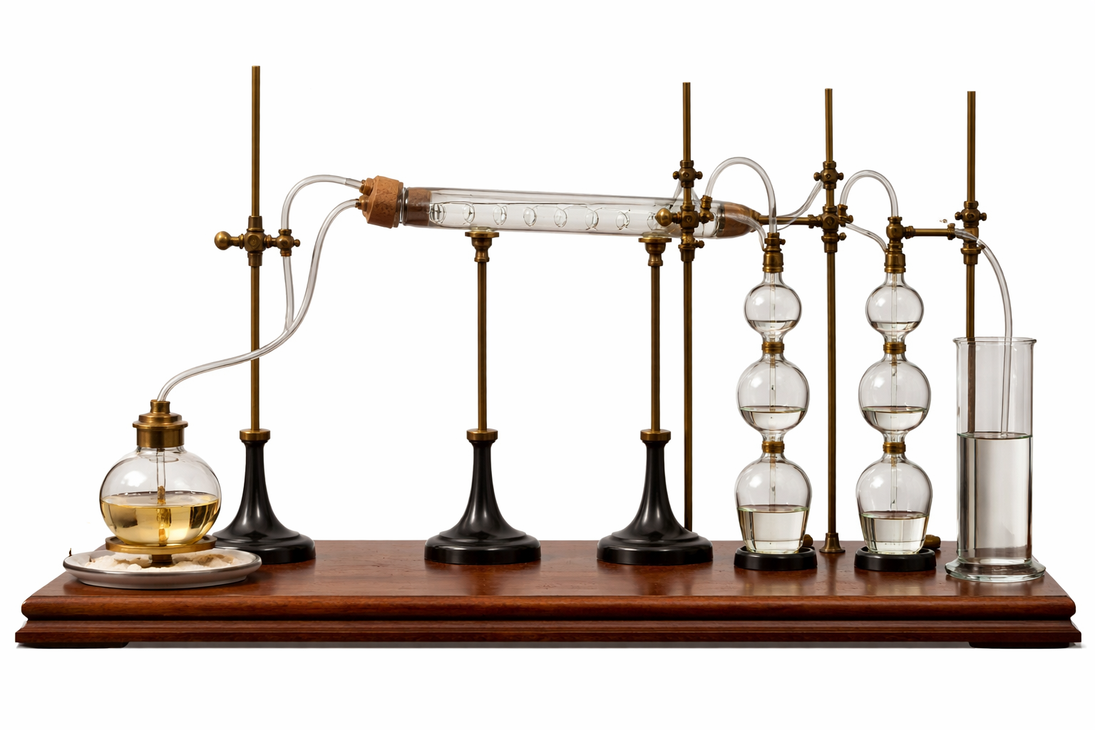 Kompleksni destilacijski set iz stekla in brona na leseni podlagi – vodoravna cev z mehurčki, več krogličnih posod, povezanih s cevmi in stojali, na eni strani plamenik z gorilnikom, na drugi strani zbiralna posoda, vse v topli osvetlitvi