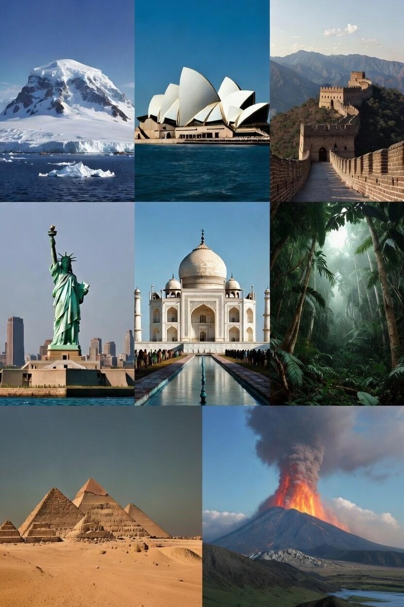 Kolaž sedmih novih čudes sveta: snežni Everest, Sydney Opera House, Veliki kitajski zid, Kip svobode, Tadž Mahal, džungla z angkorvatskimi templji in erupcija vulkana pod dramatičnim nebom